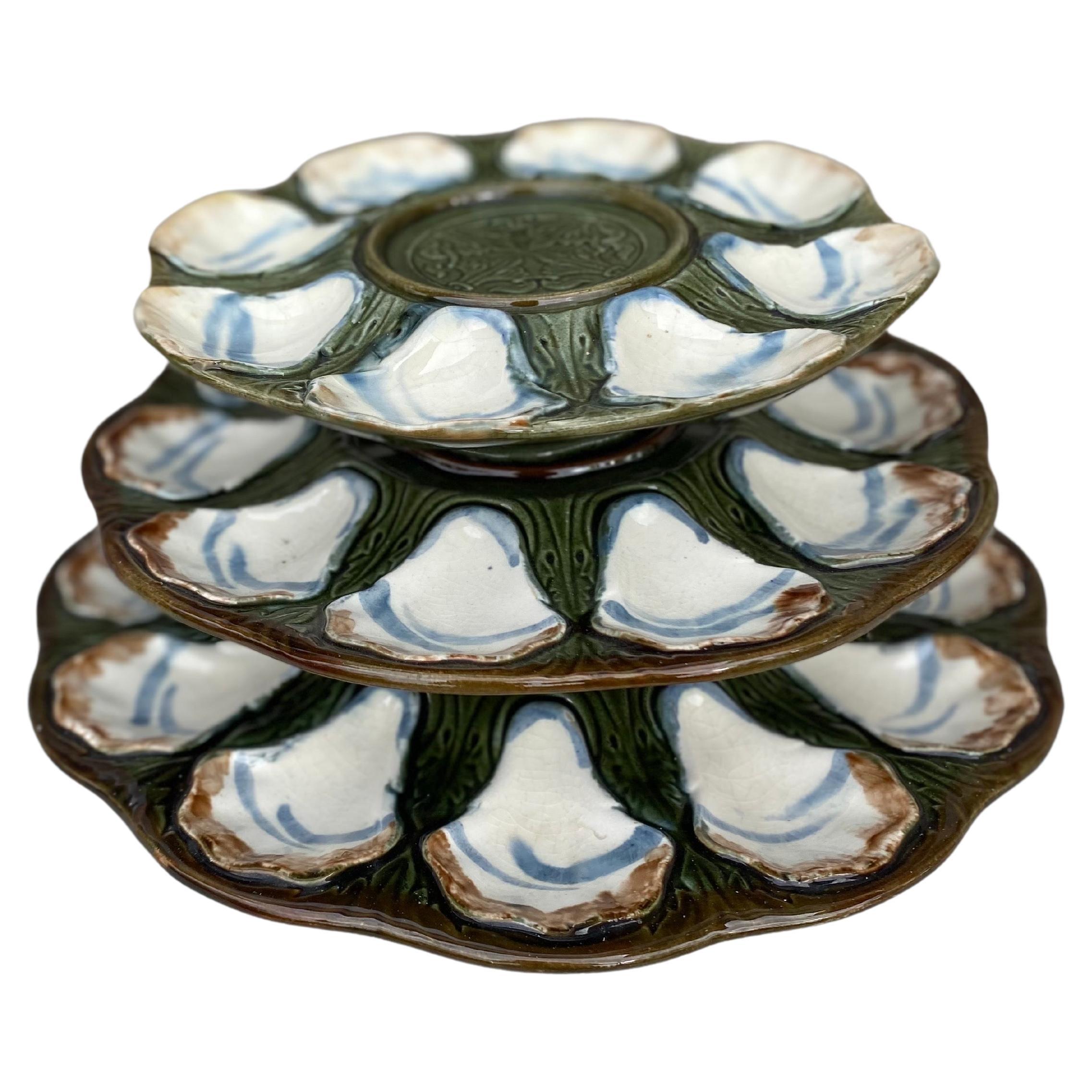 19th Century Rare French Majolica Oyster Server Longchamp For Sale