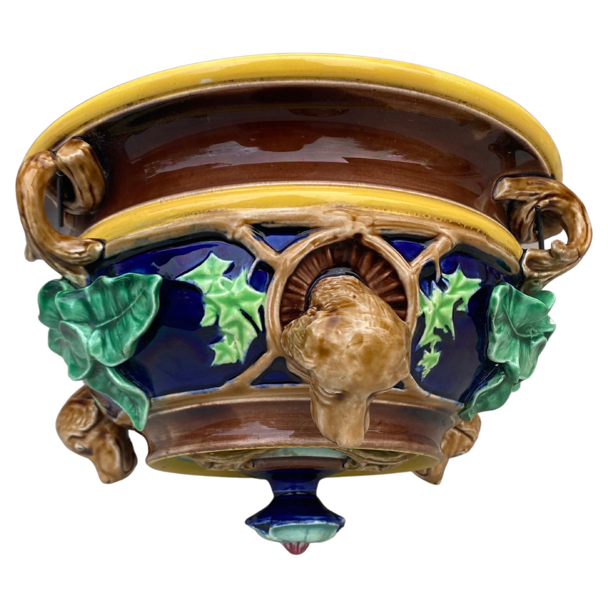 19th Century Rare Majolica Hanging Jardiniere with Dogs Sarreguemines For Sale