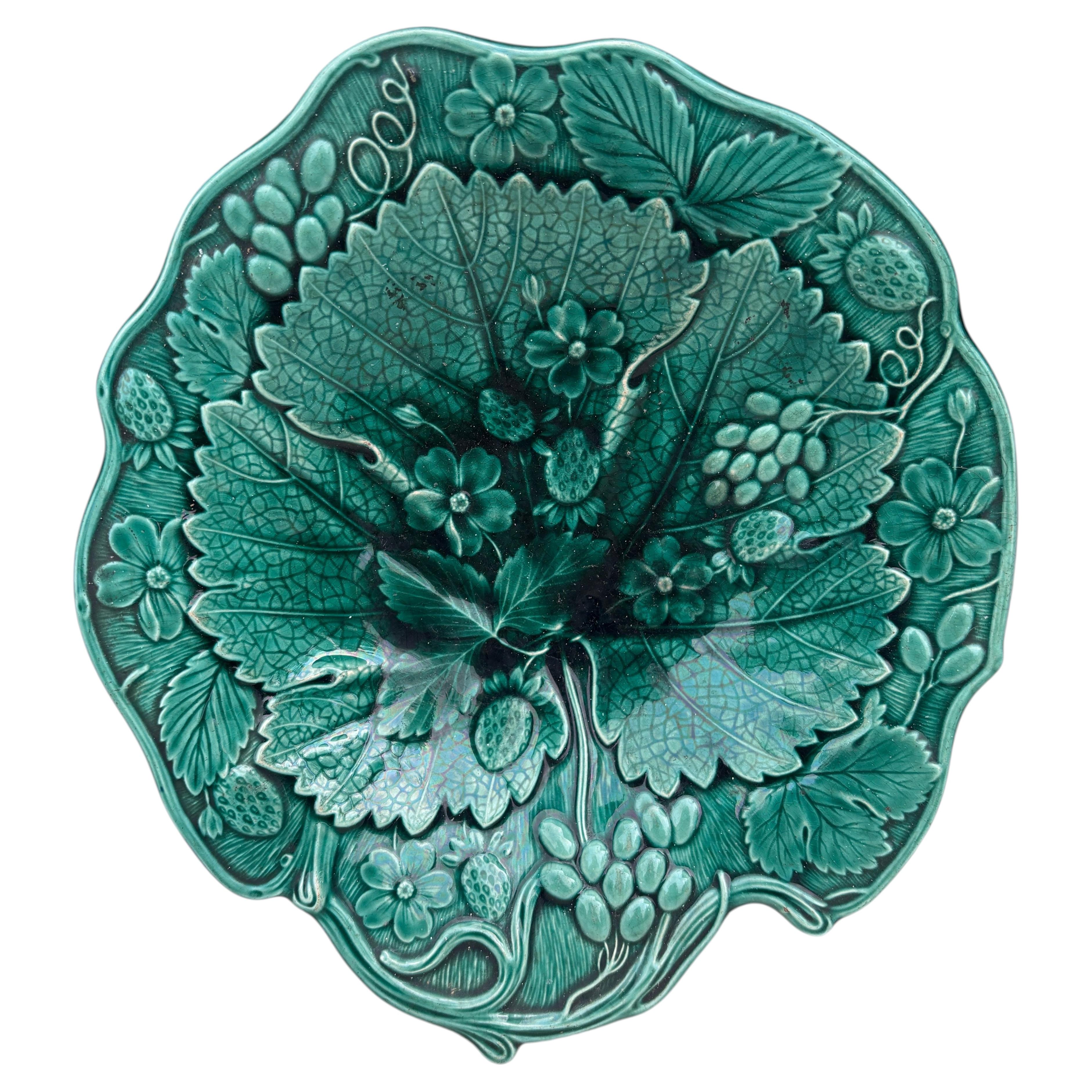 19th Century English Green Majolica Strawberry Platter