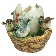 Antique Majolica Basket with Egg Birds Vase Delphin Massier, circa 1880