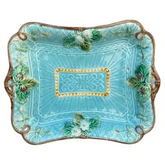 French Majolica Turquoise Strawberry Platter Sarreguemines, circa 1870