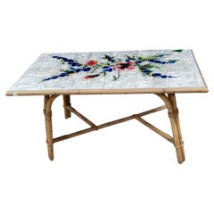 Mid-Century Rattan & Ceramic Tiles Coffee Table Adrien Audoux & Frida Minet