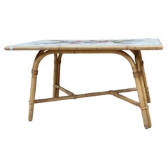 Mid-Century Rattan & Ceramic Tiles Coffee Table Adrien Audoux & Frida Minet