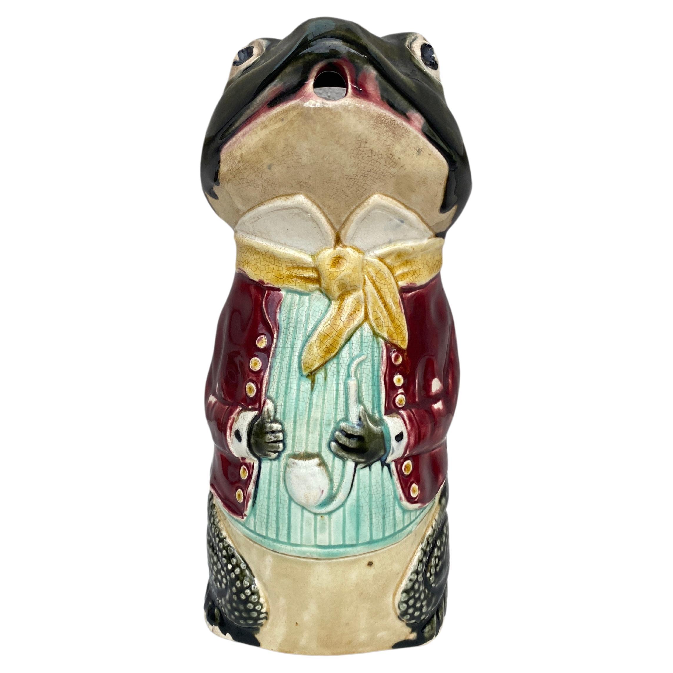 French Majolica Frog Pitcher Fives Lille, circa 1890 For Sale