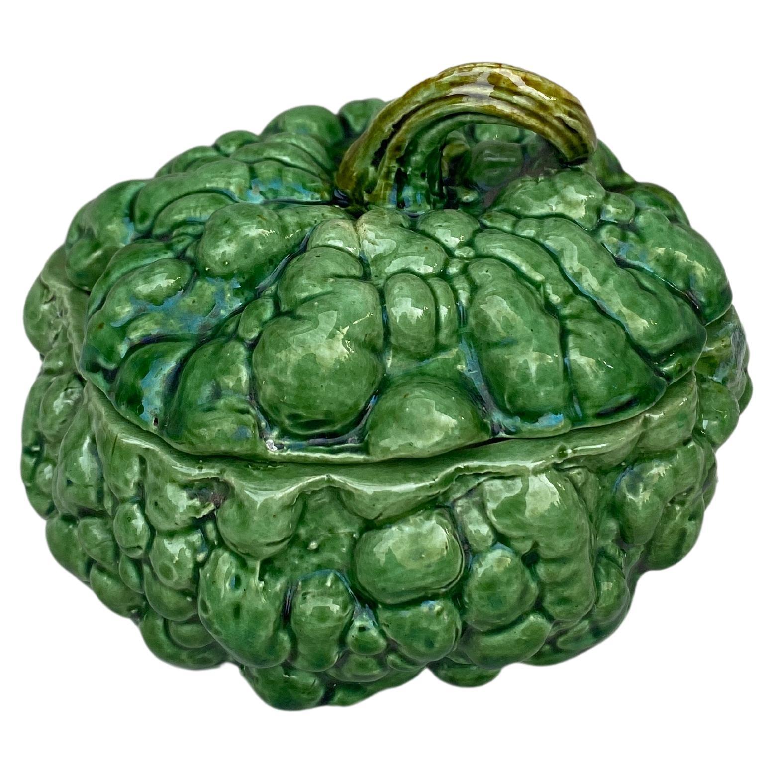 19th Century Portuguese Palissy Majolica Pumpkin Mustard Pot For Sale