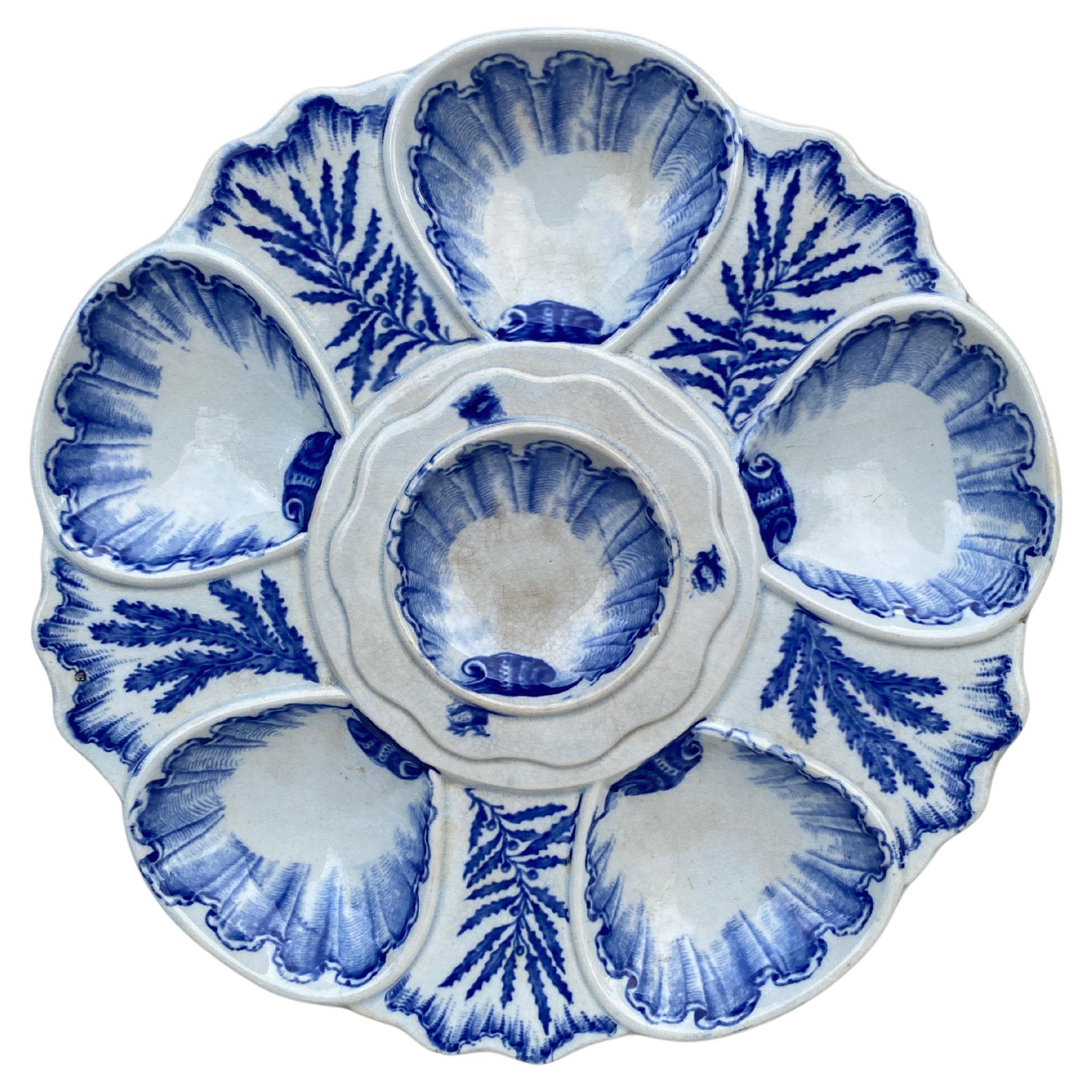 19th Century Blue & White Seaweeds Oyster Plate Bordeaux