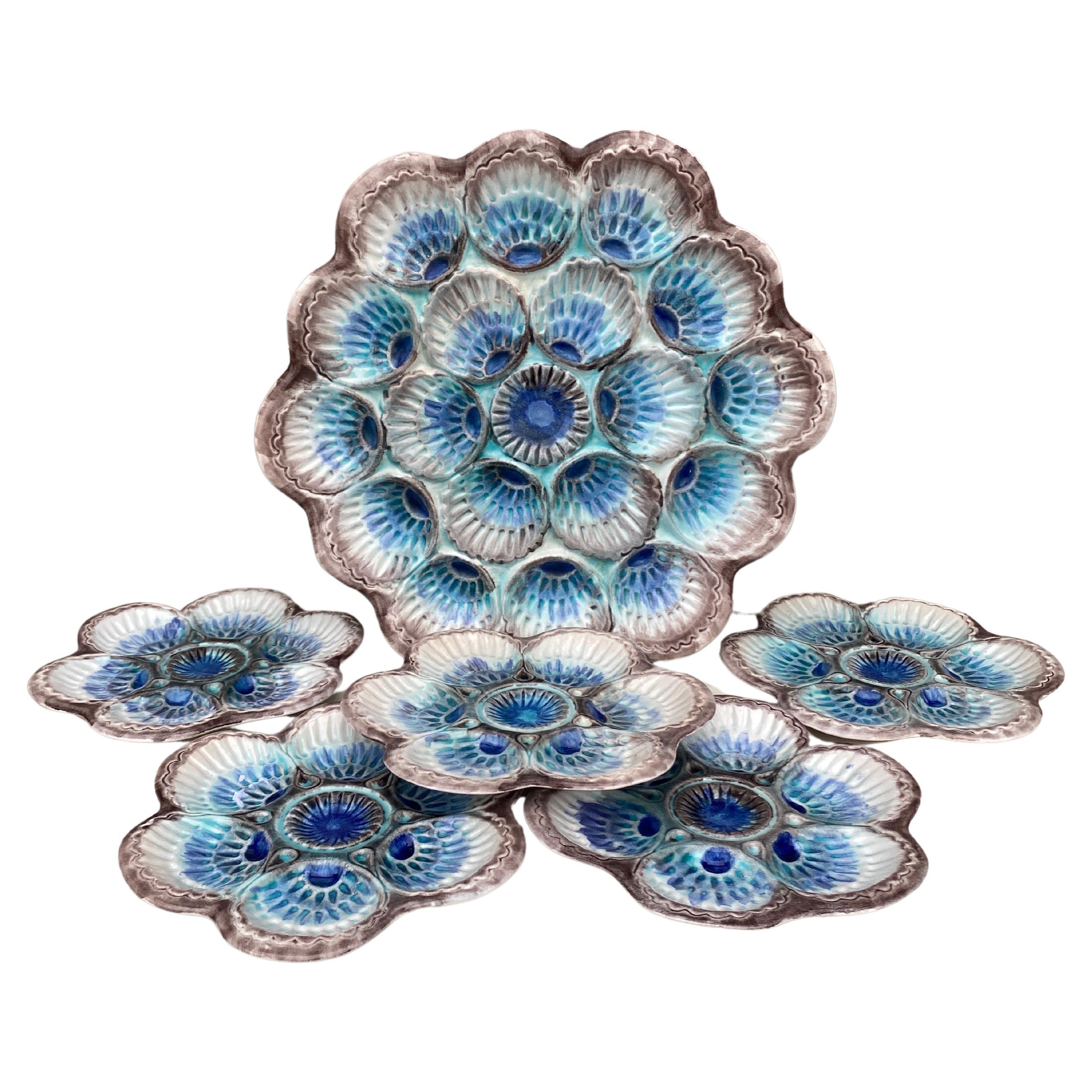 Set of French Majolica Oyster Plates & Platter Marcel Guillot, circa 1950 For Sale