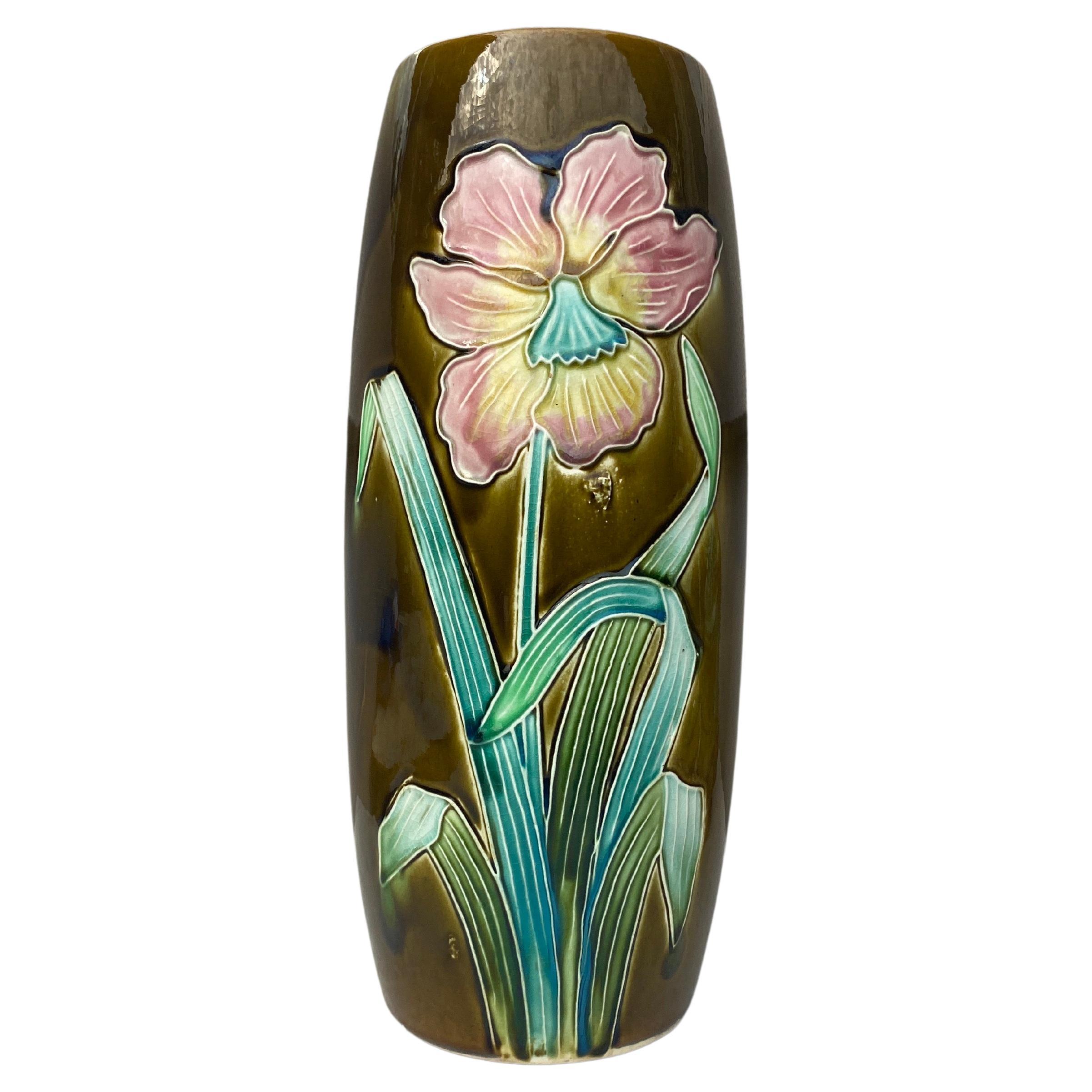 Late 19th Century French Majolica Flowers Vase Fives Lille, circa 1880 For Sale