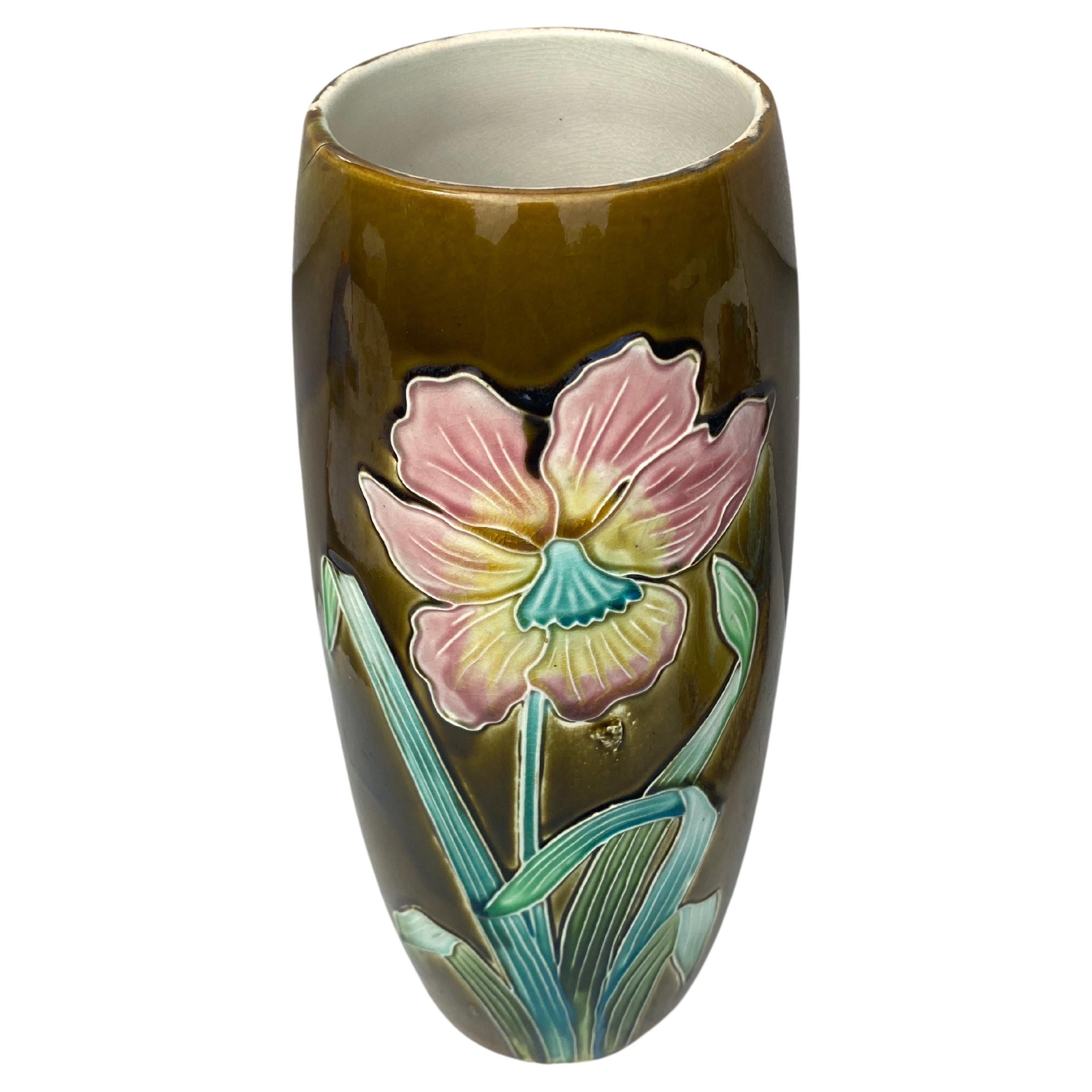 Rustic French Majolica Flowers Vase Fives Lille, circa 1880 For Sale