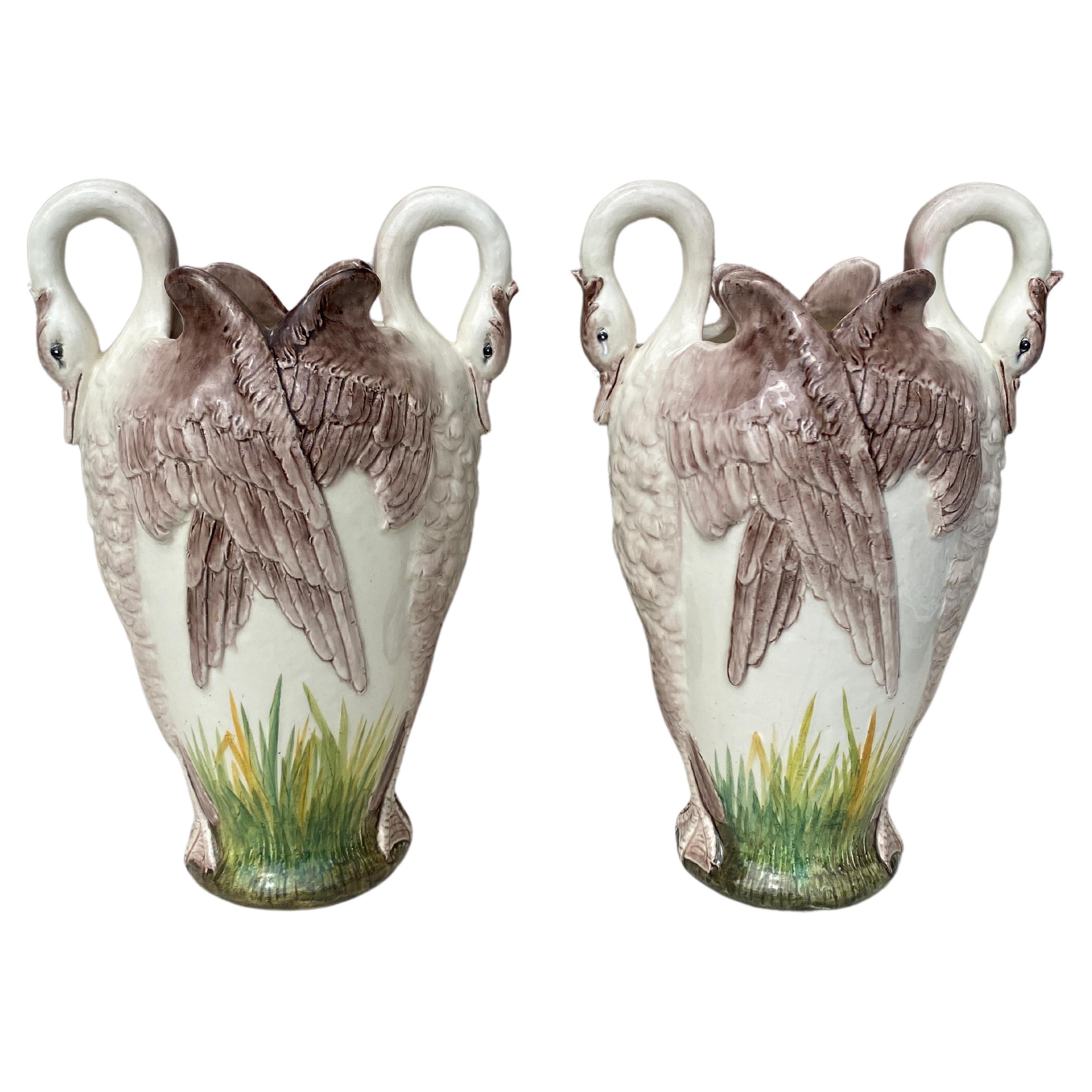 Pair of French Majolica Swans Vase Delphin Massier, circa 1880
