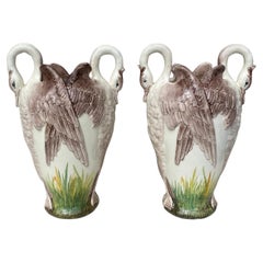 Antique Pair of French Majolica Swans Vase Delphin Massier, circa 1880
