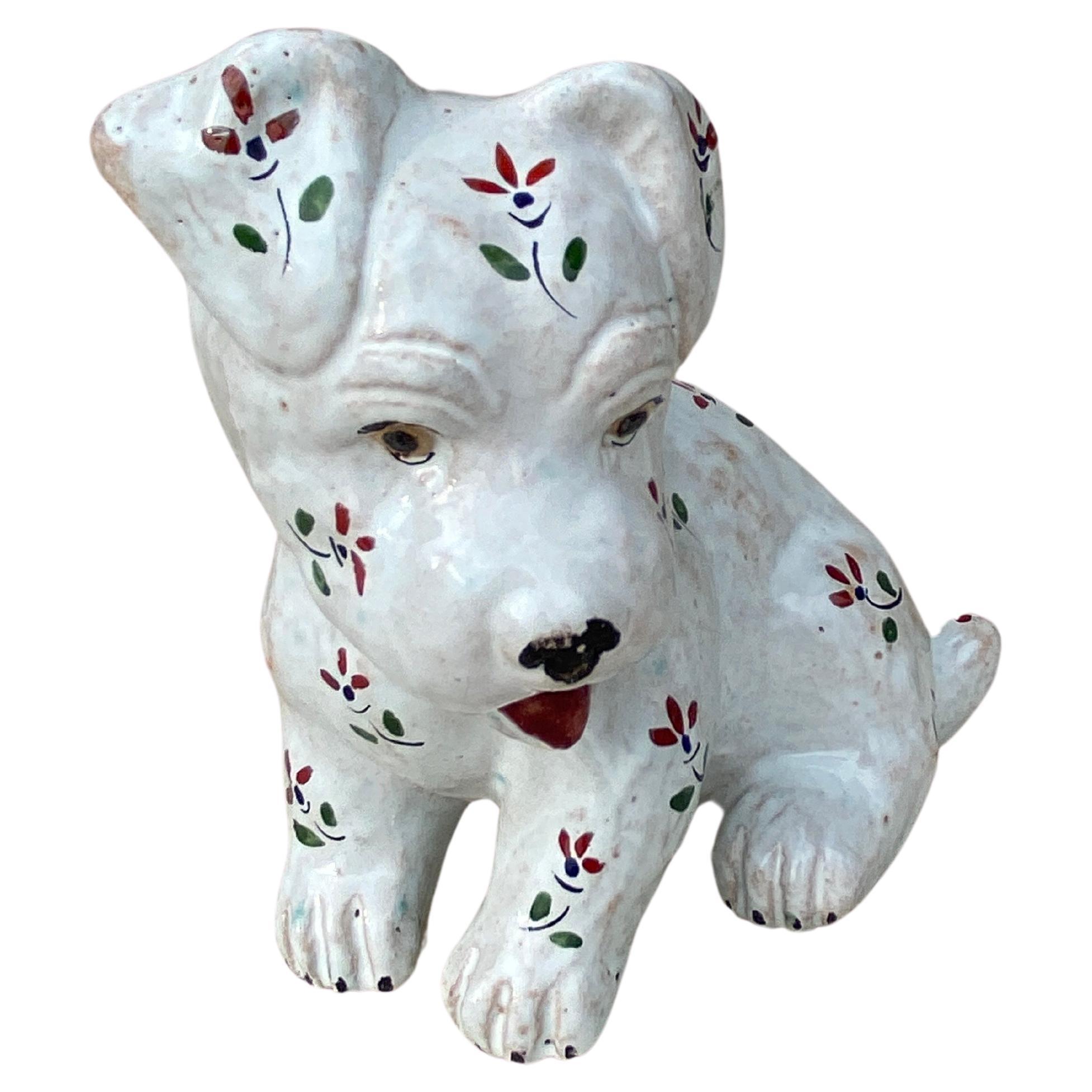French Terra Cotta Majolica Dog Normandy Circa 1900.
decorated with Cornflowers called Barbeaux in France.
in the style and period of Emile Galle.