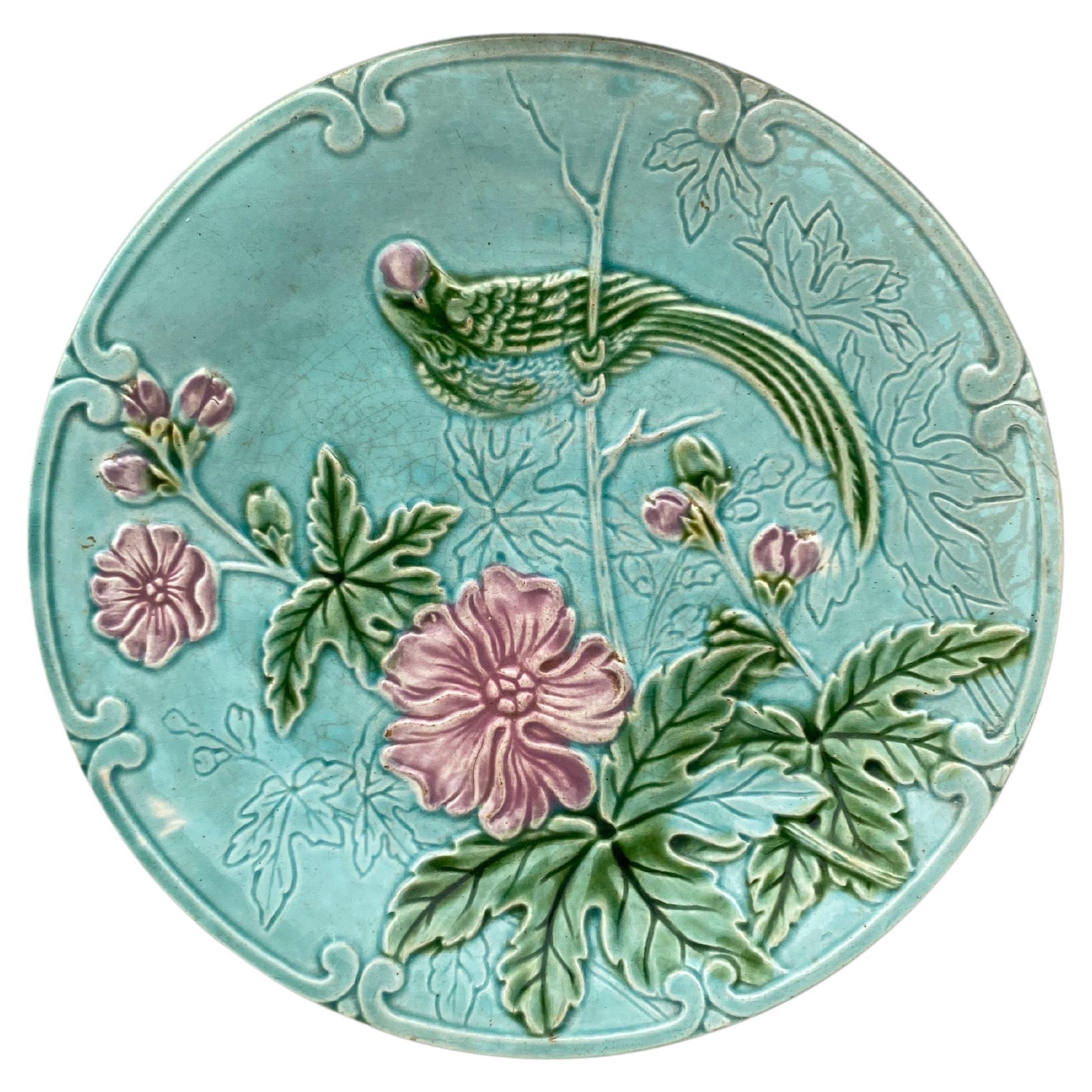 Majolica Paradise Bird & Flowers Salins Plate, circa 1890 For Sale