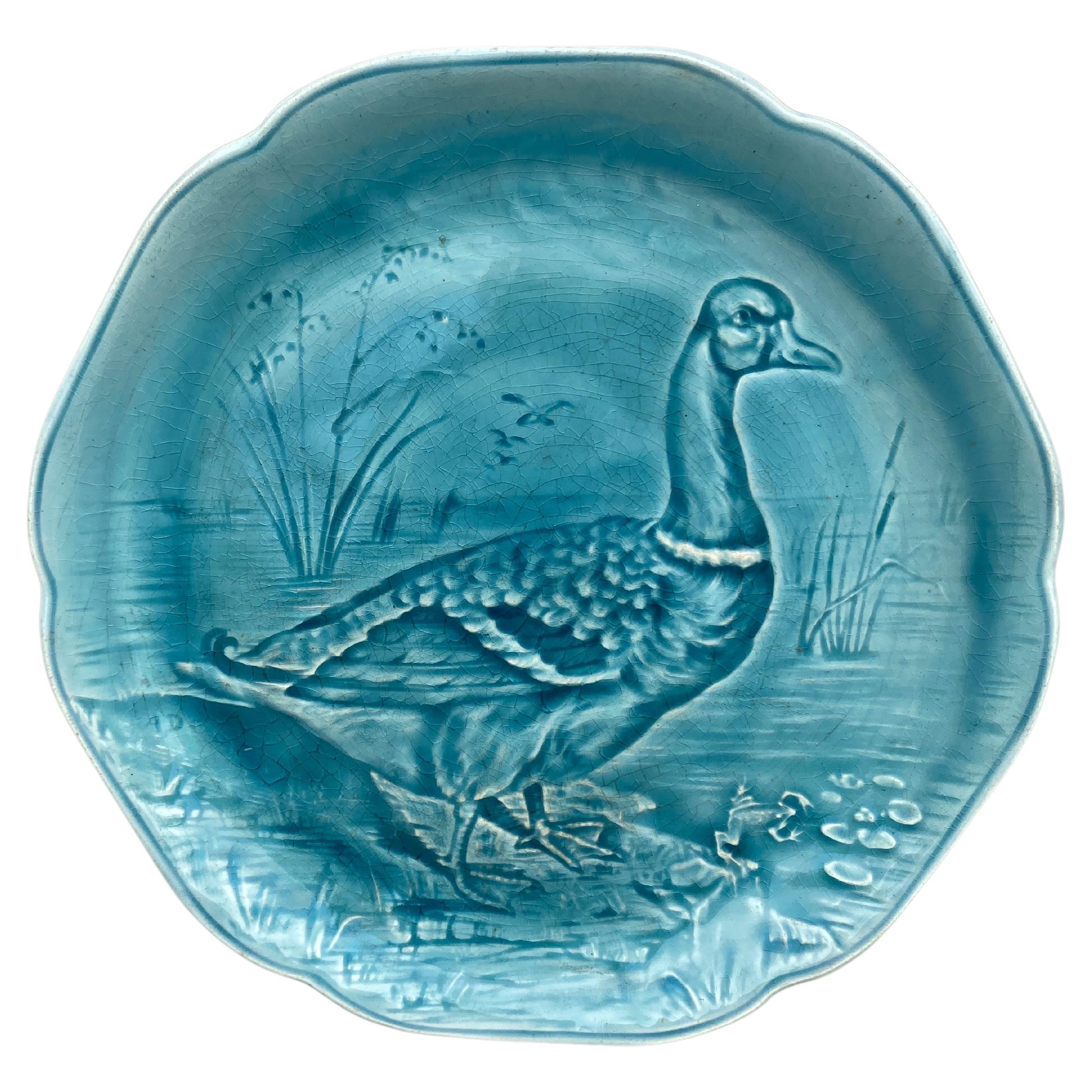 French 19th Century Green Majolica Mallard Duck Plate Choisy Le Roi For Sale