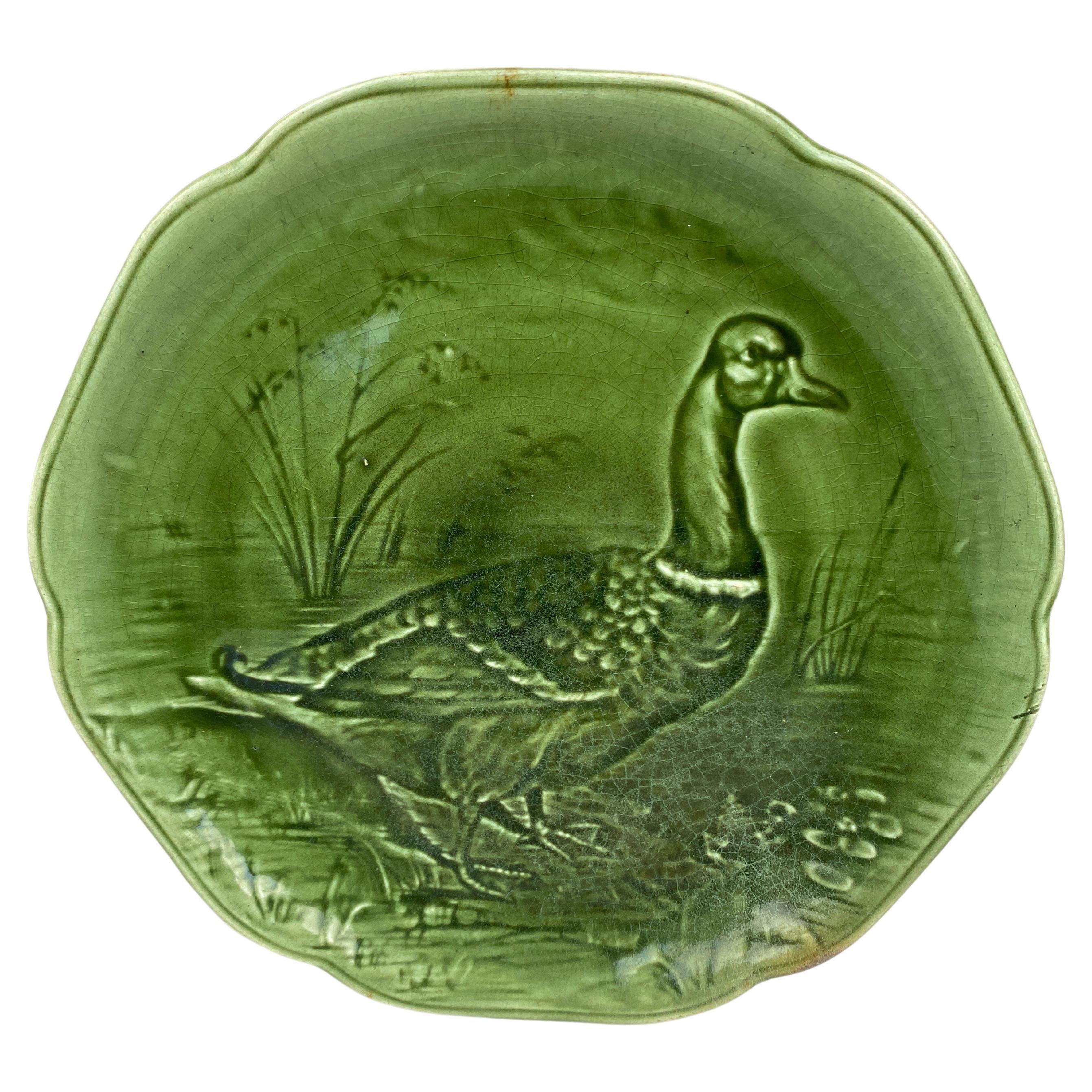 19th Century Green Majolica Mallard Duck Plate Choisy Le Roi For Sale