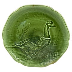 19th Century Green Majolica Mallard Duck Plate Choisy Le Roi