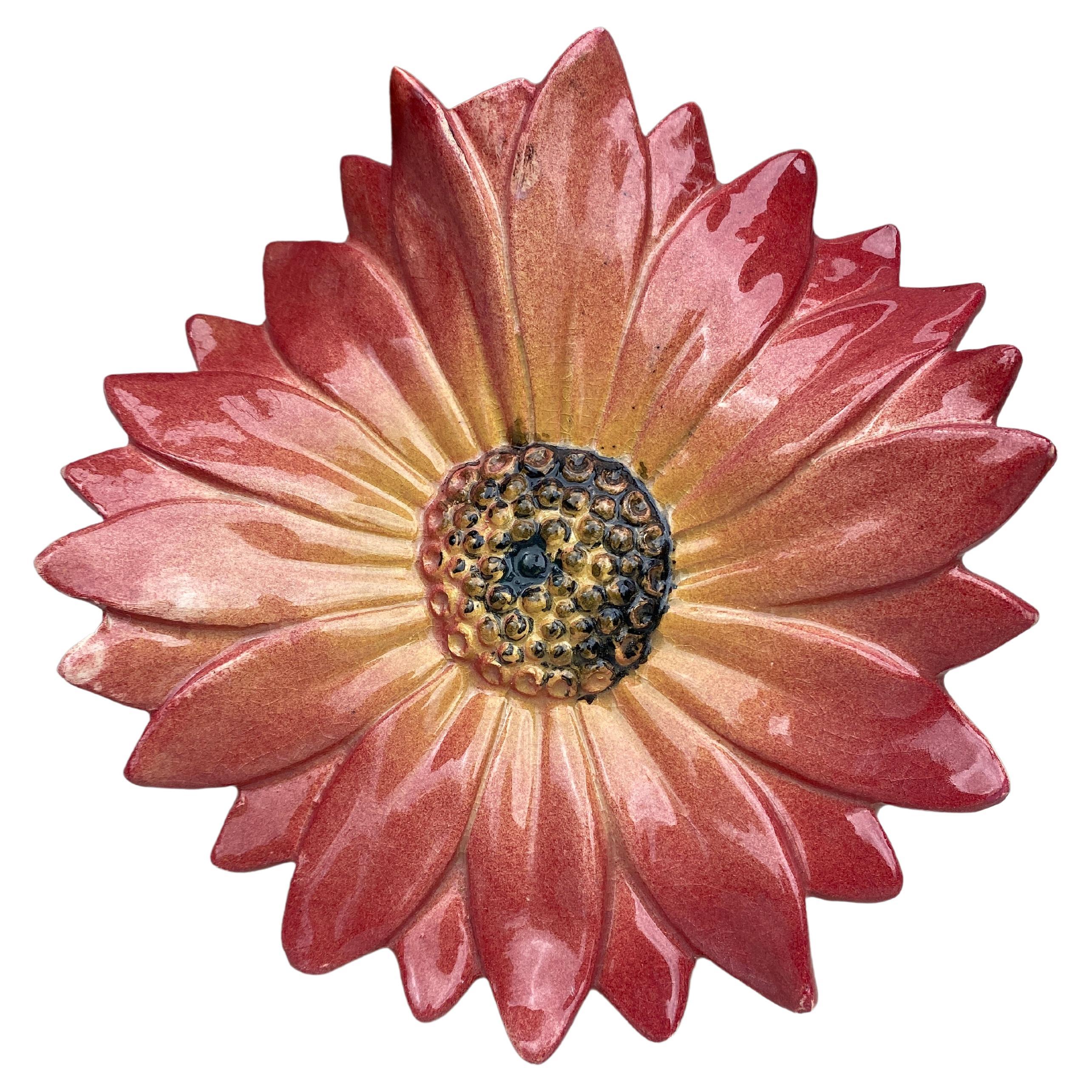Large Majolica Pink Daisy Wall Pocket Clement Massier, circa 1890 For Sale