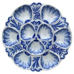 Antique 19th Century Blue & White Majolica Oyster Plate Vieillard Bordeaux