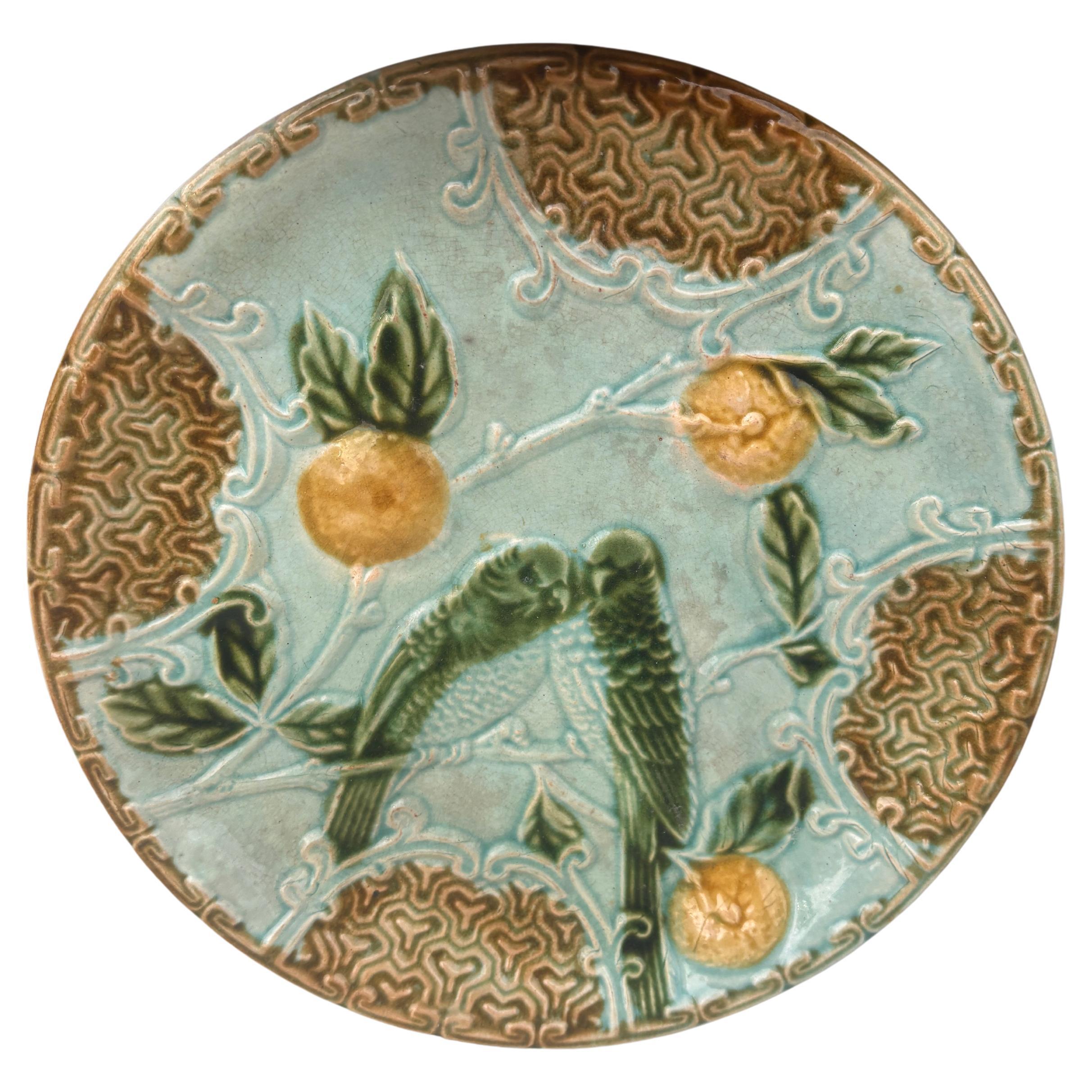 Majolica Parakeets Plate Salins, circa 1890