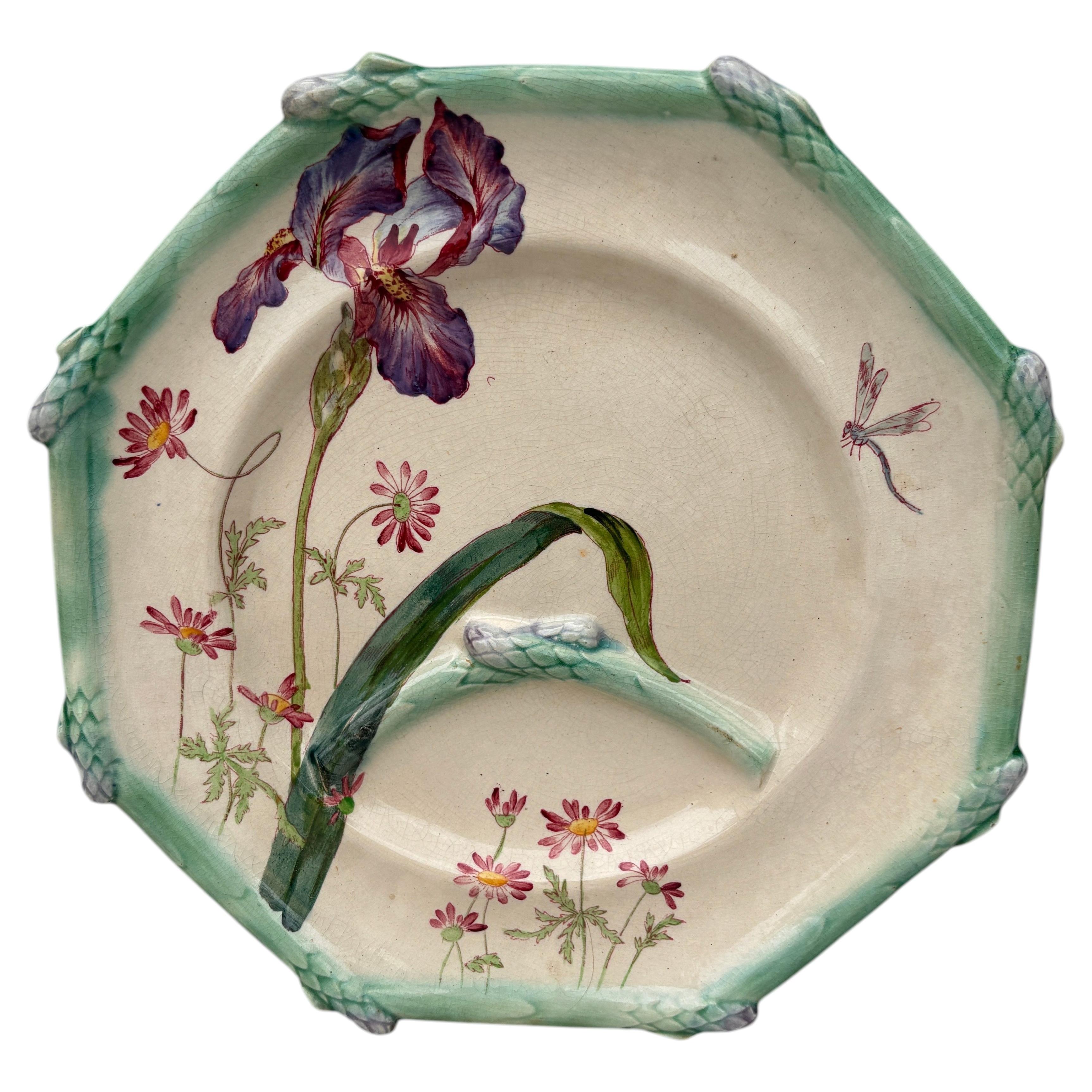 19th Century French Majolica Asparagus Plate Iris Longchamp