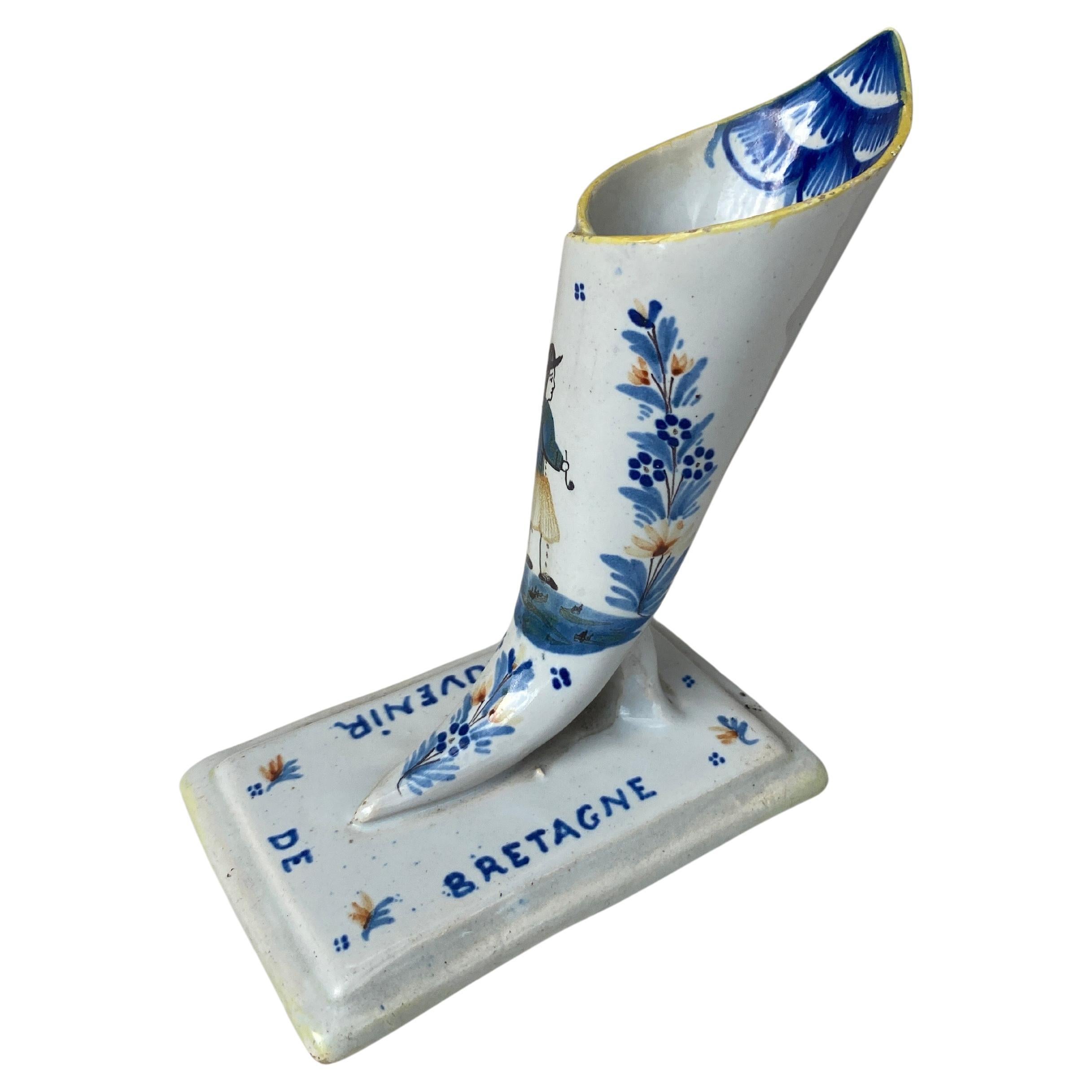 French Faience Horn Vase Henriot Quimper, Circa 1900