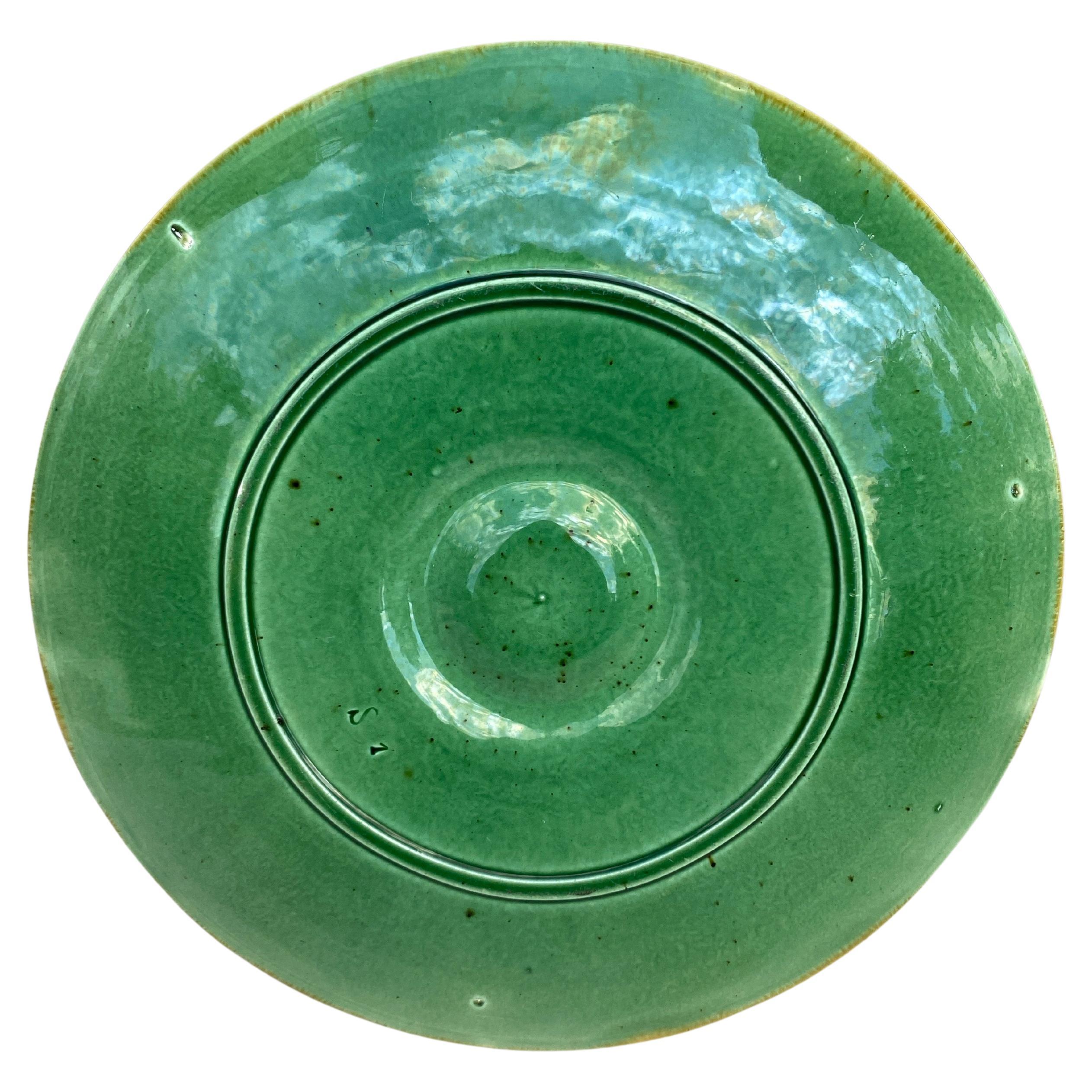 Plato de ostra de mayólica verde y amarilla del siglo XIX Rústico en venta