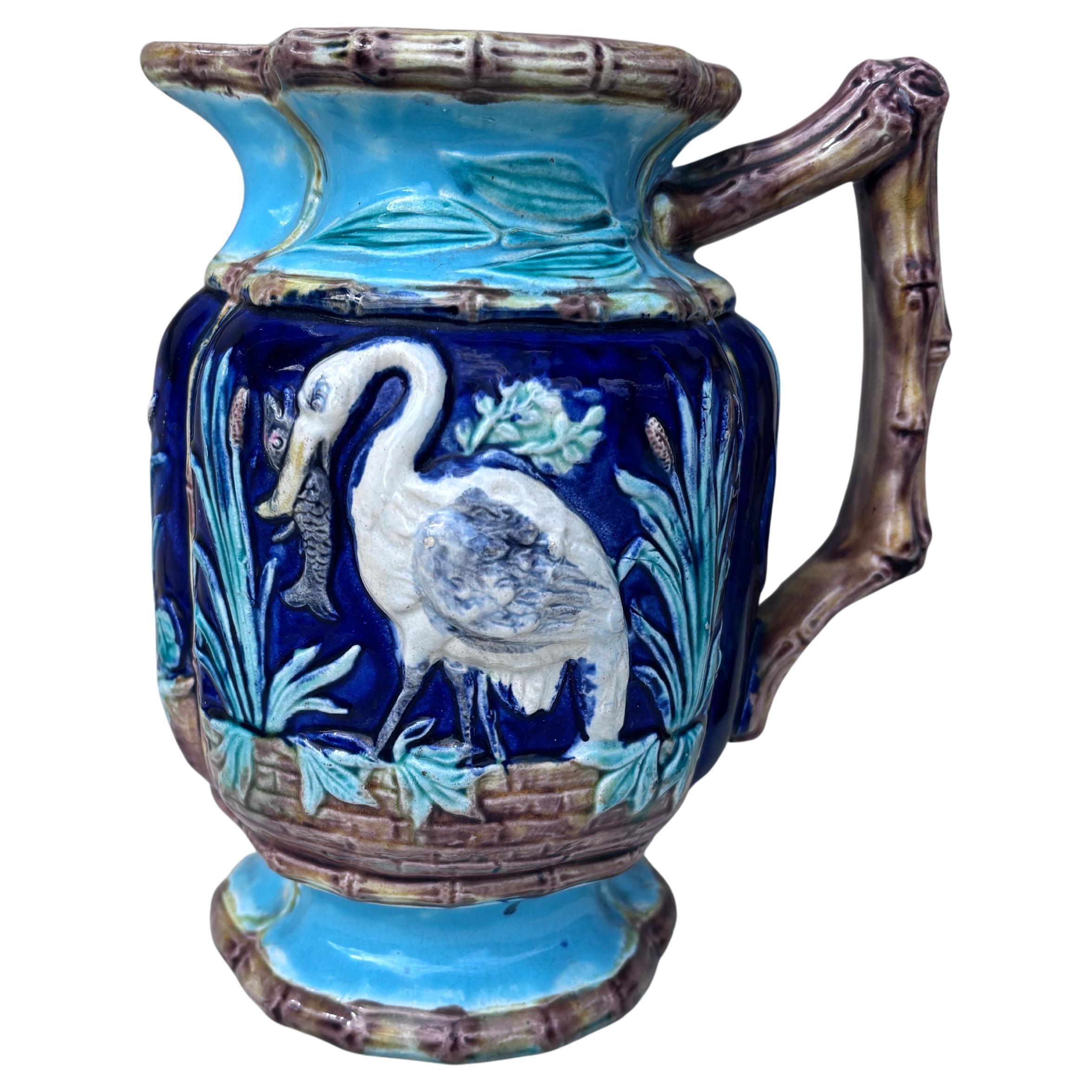 19th Century English Majolica Herons & Bamboo Pitcher Joseph Holdcroft