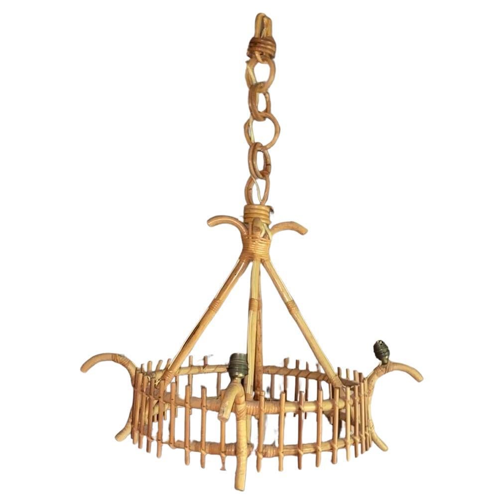 Großer Rattan-Kronleuchter aus der Mitte des Jahrhunderts, Louis Sognot