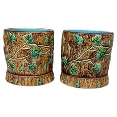 Pair of Small 19th Century Majolica Ivy Cache Pot Sarreguemines