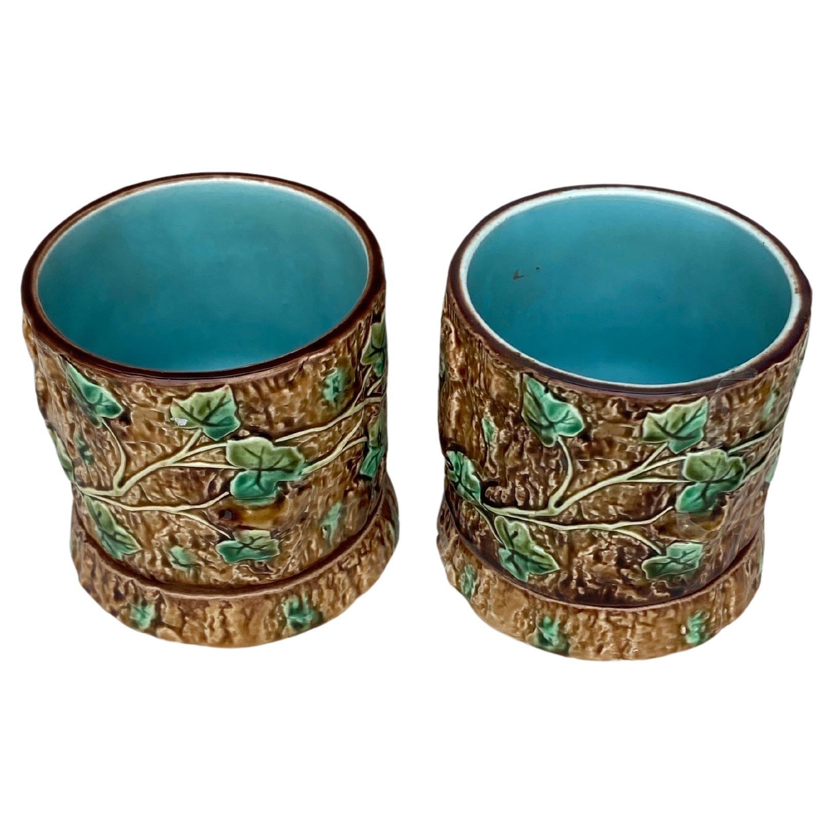 Rare paire de petits pots à caches en majolique française signée Sarreguemines Majolica circa 1870.
Cache pot et undeplate.
H / 4.2 inches , D / 4.2 inches.
