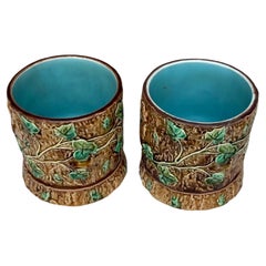 Pair of Small 19th Century Majolica Ivy Cache Pot Sarreguemines