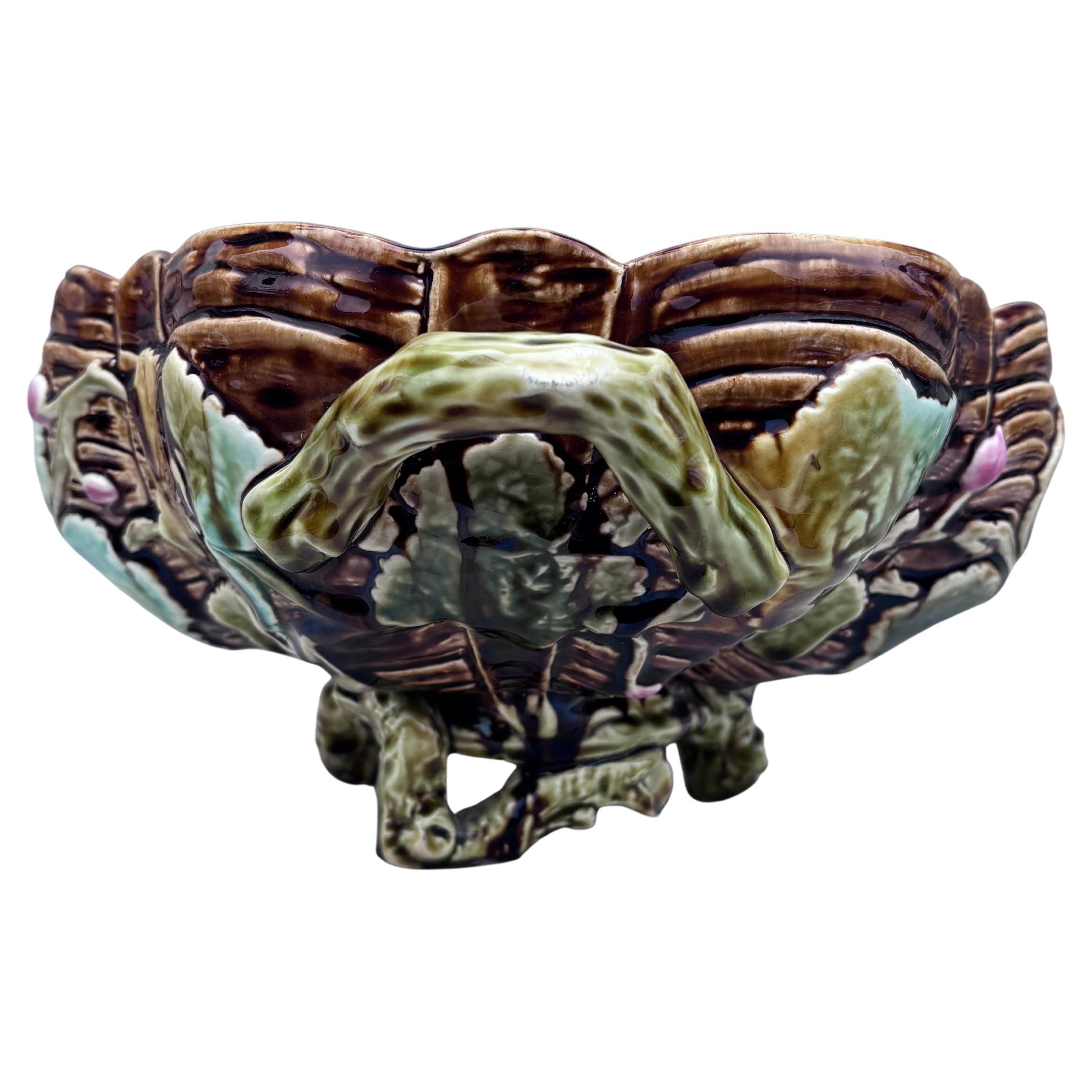 Rustic 19th Century French Majolica Pumpkin Leaves Centerpiece Choisy-le-Roi For Sale