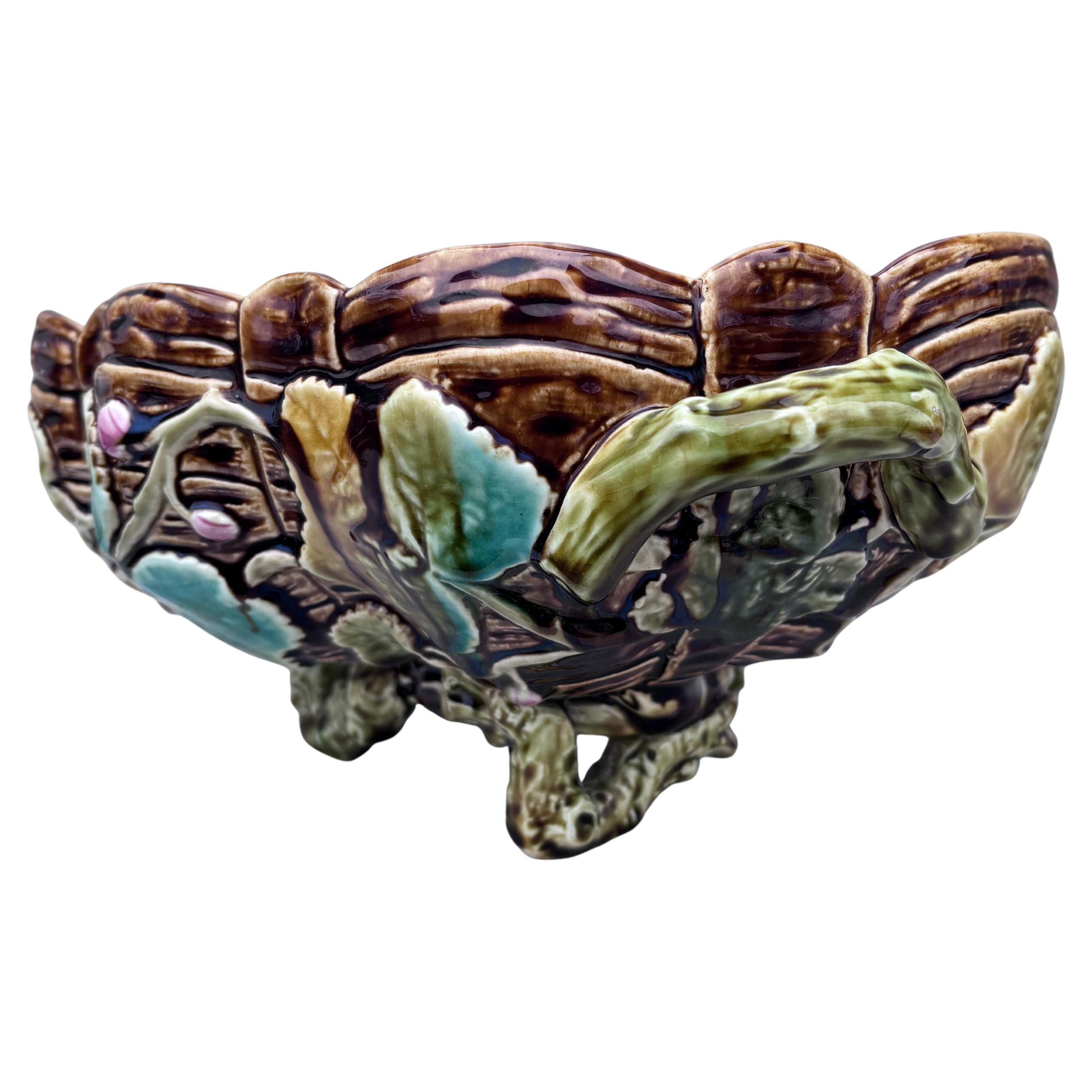 19th century large French Majolica pumpkin leaves and flowers handled centerpiece jardinière signed Choisy-le-Roi.