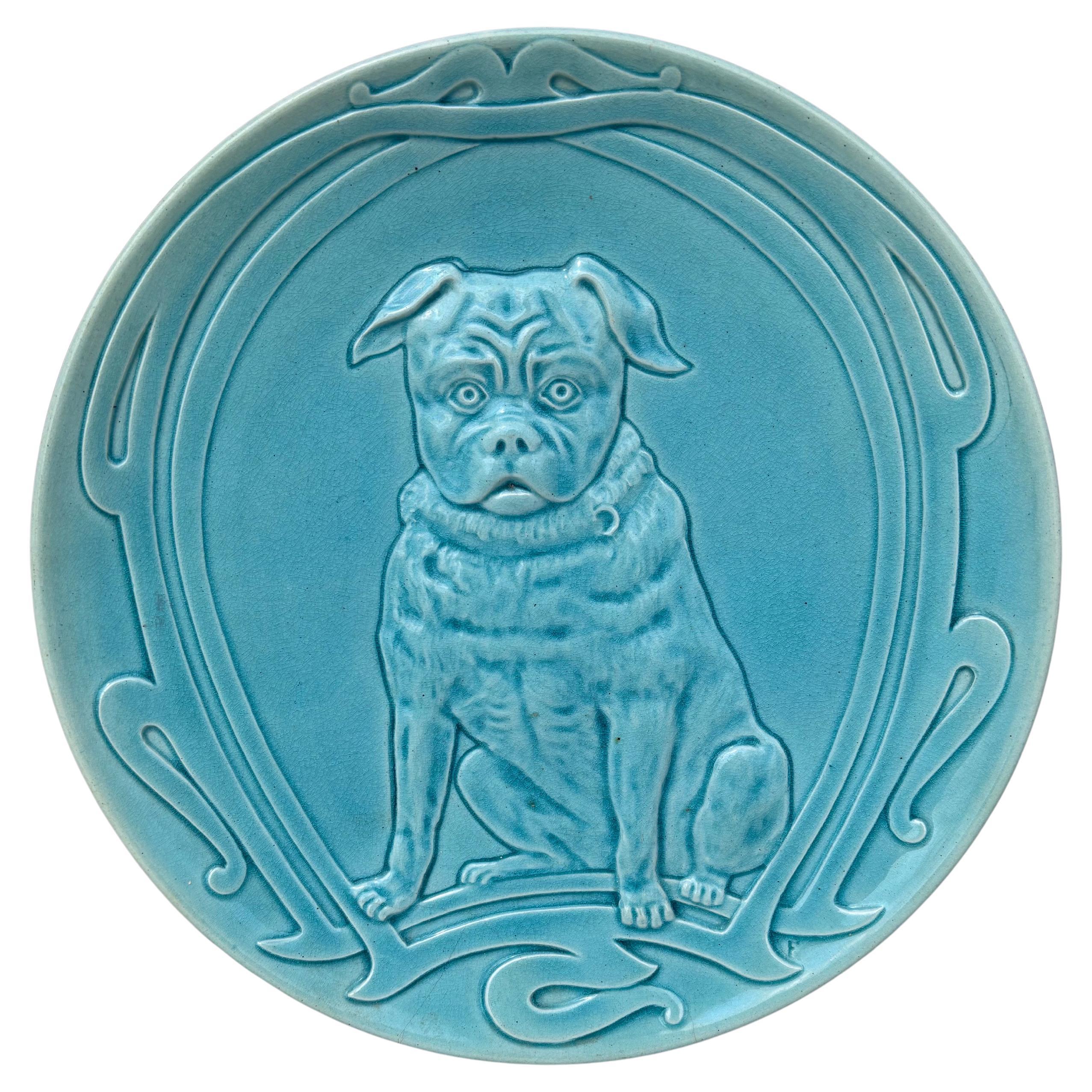 Grande piatto da parete francese in maiolica Bulldog, circa 1890