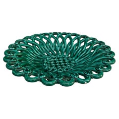 French Large Green Majolica Round Bowl or Basket Vallauris circa 1950