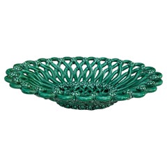French Large Green Majolica Oval Bowl or Basket Vallauris circa 1950