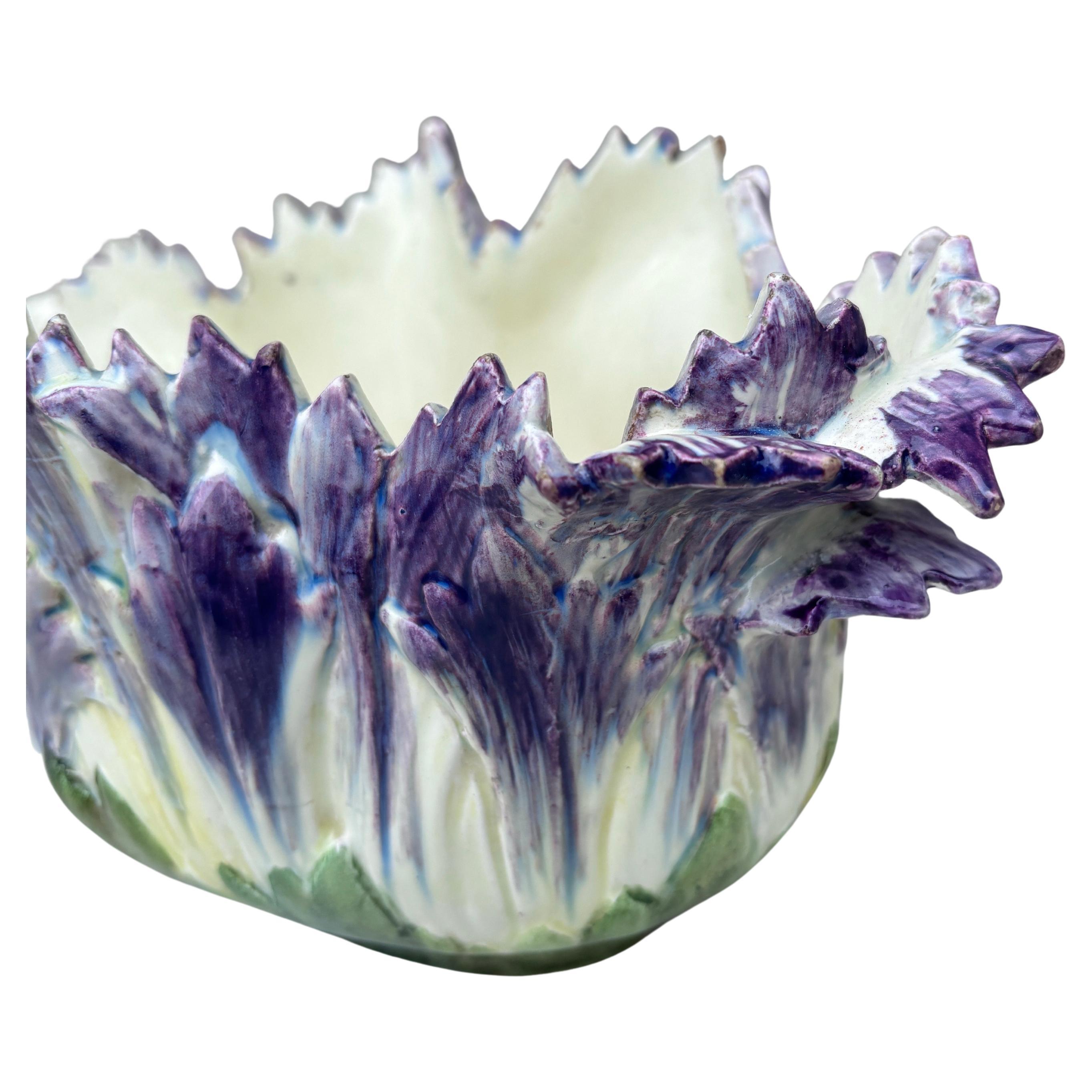 French Majolica purple parrot tulip Jardiniere Delphin Massier, Circa 1890.
