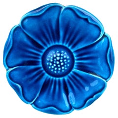 French Mid-Century Majolica Blue Flower Plate Charolles