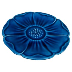 French Mid-Century Majolica Blue Flower Plate Charolles