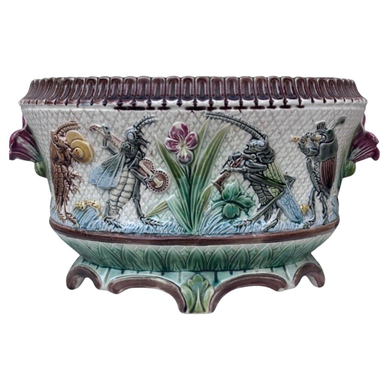 19th Century Majolica Insects Musicians Jardinière