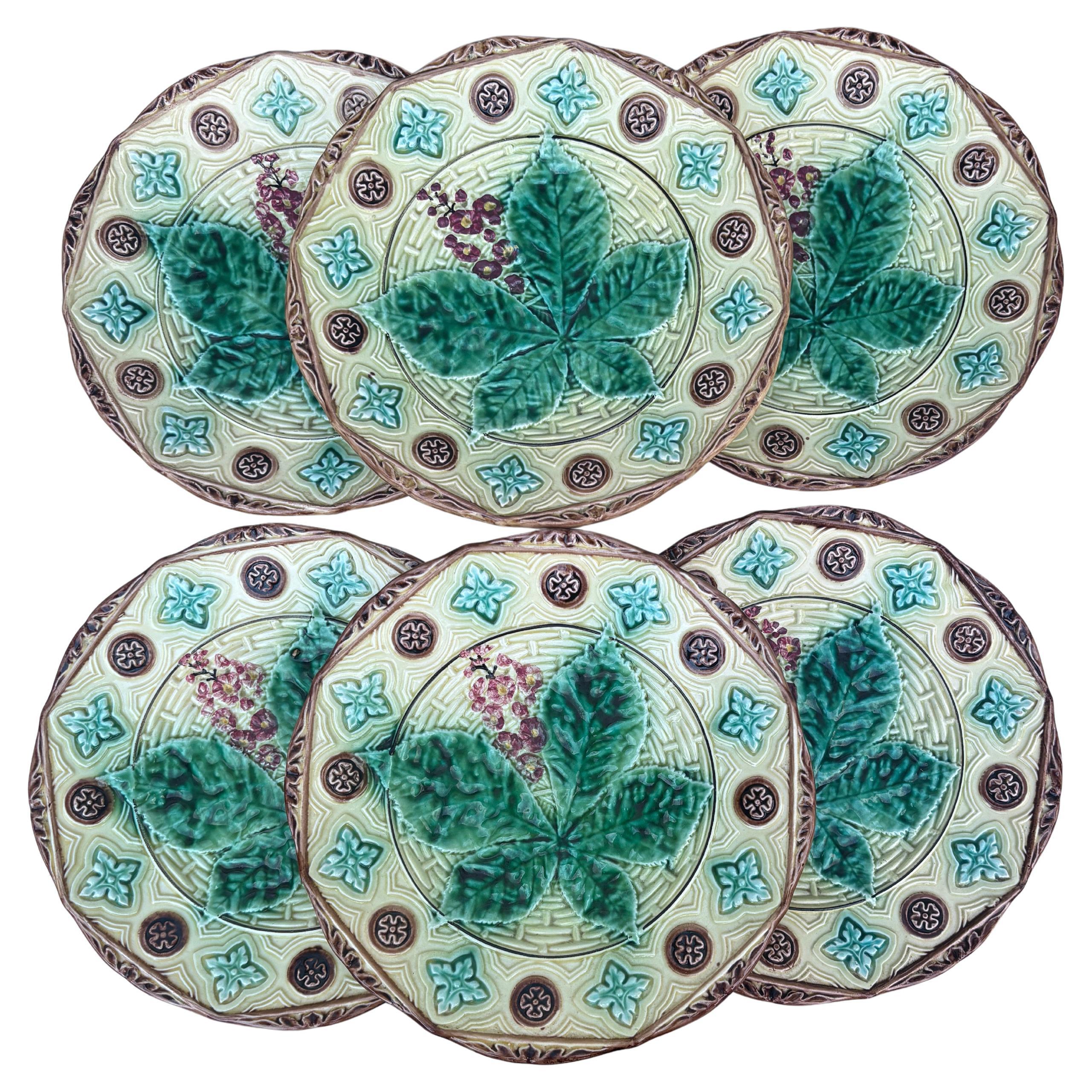 Set of 6 Large German Majolica Chesnut Leaves Plate Circa 1900