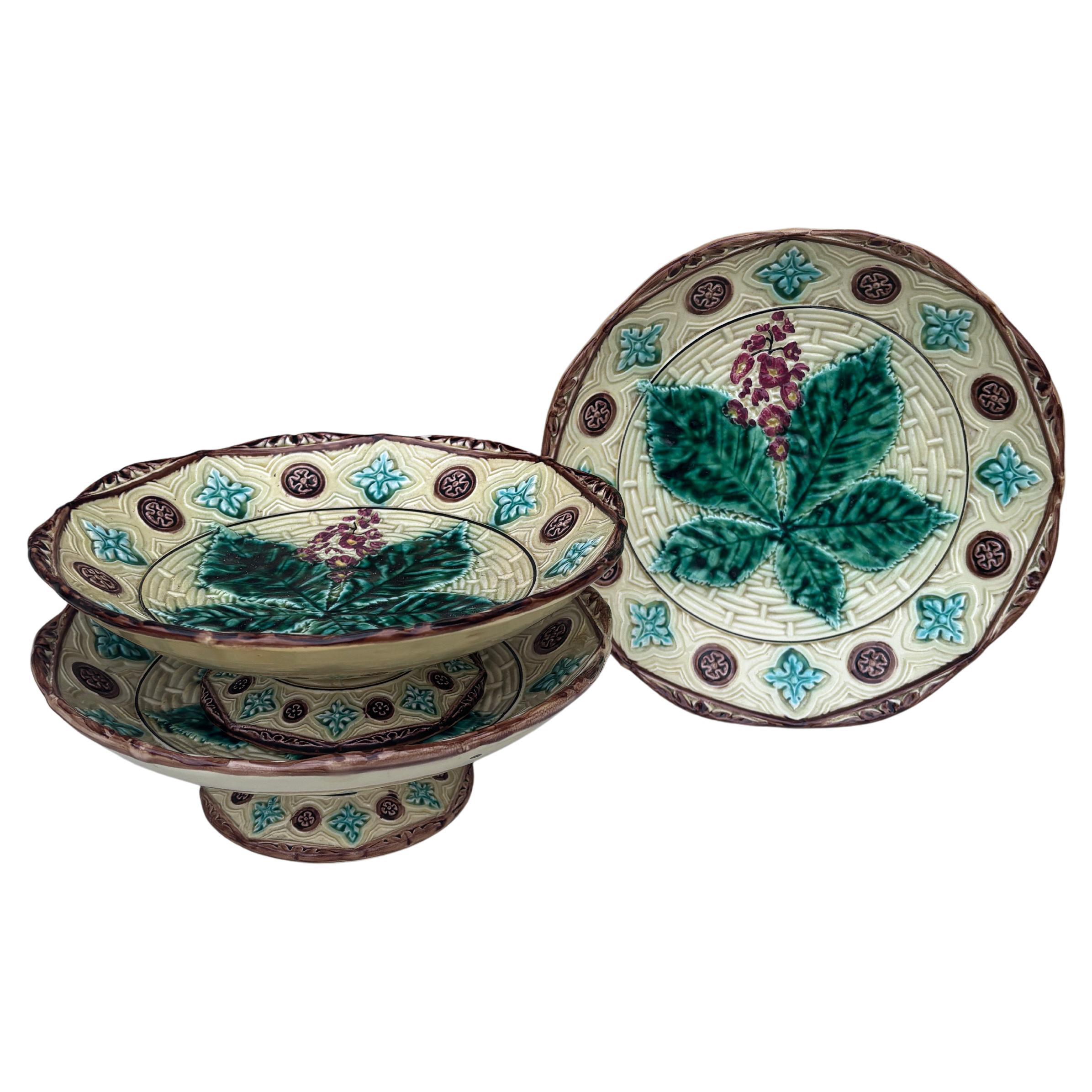 Early 20th Century Set of 6 Large German Majolica Chesnut Leaves Plate Circa 1900 For Sale