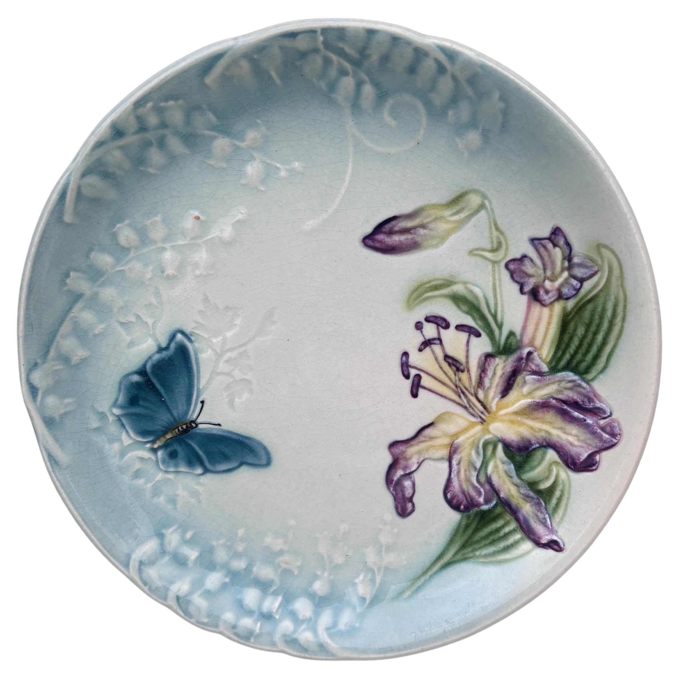Majolica Plate Lily & Butterfly Choisy le Roi, circa 1880
