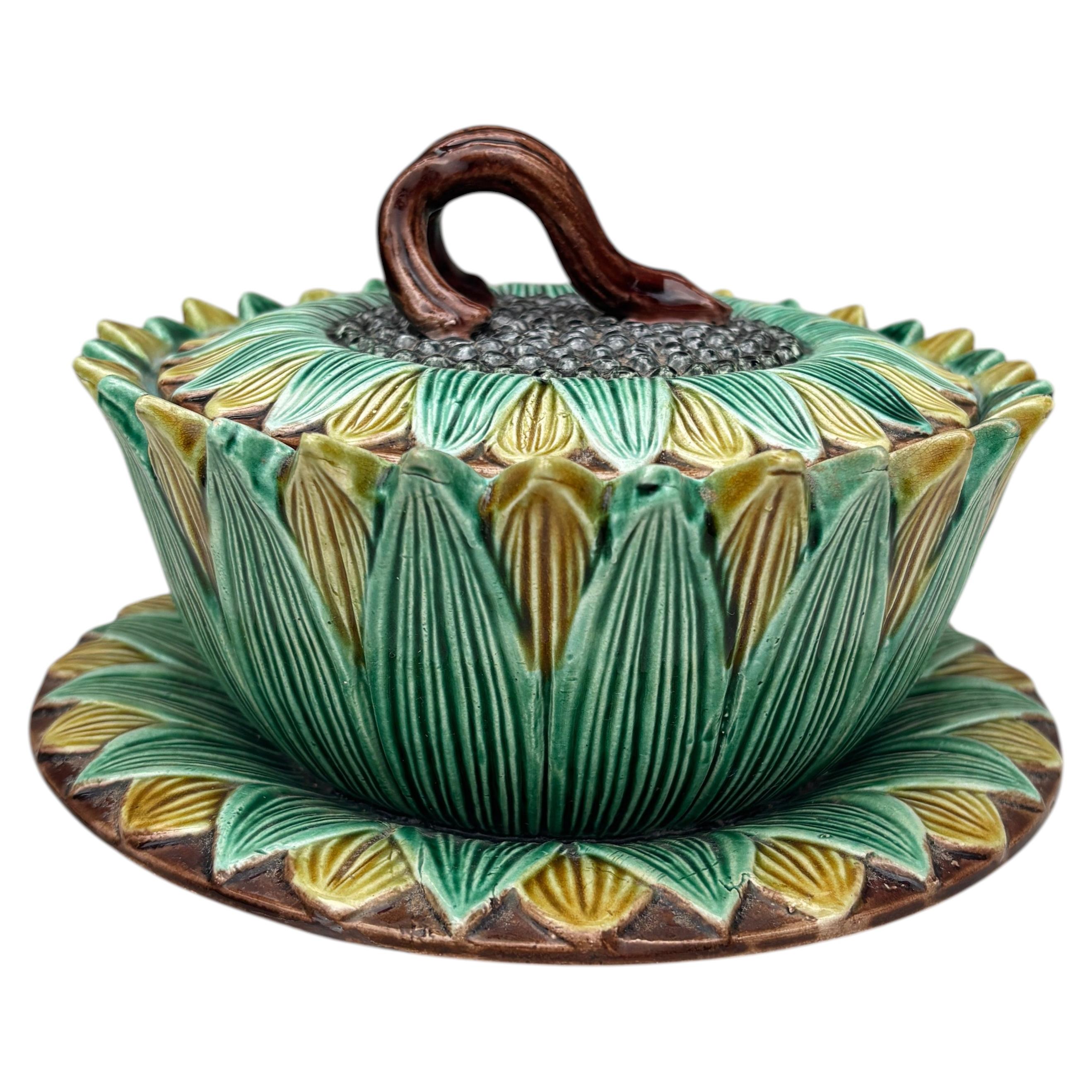 Caja de girasol de mayólica victoriana inglesa Holdcroft Circa 1890