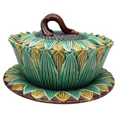 English Victorian Majolica Sunflower Box Holdcroft Circa 1890