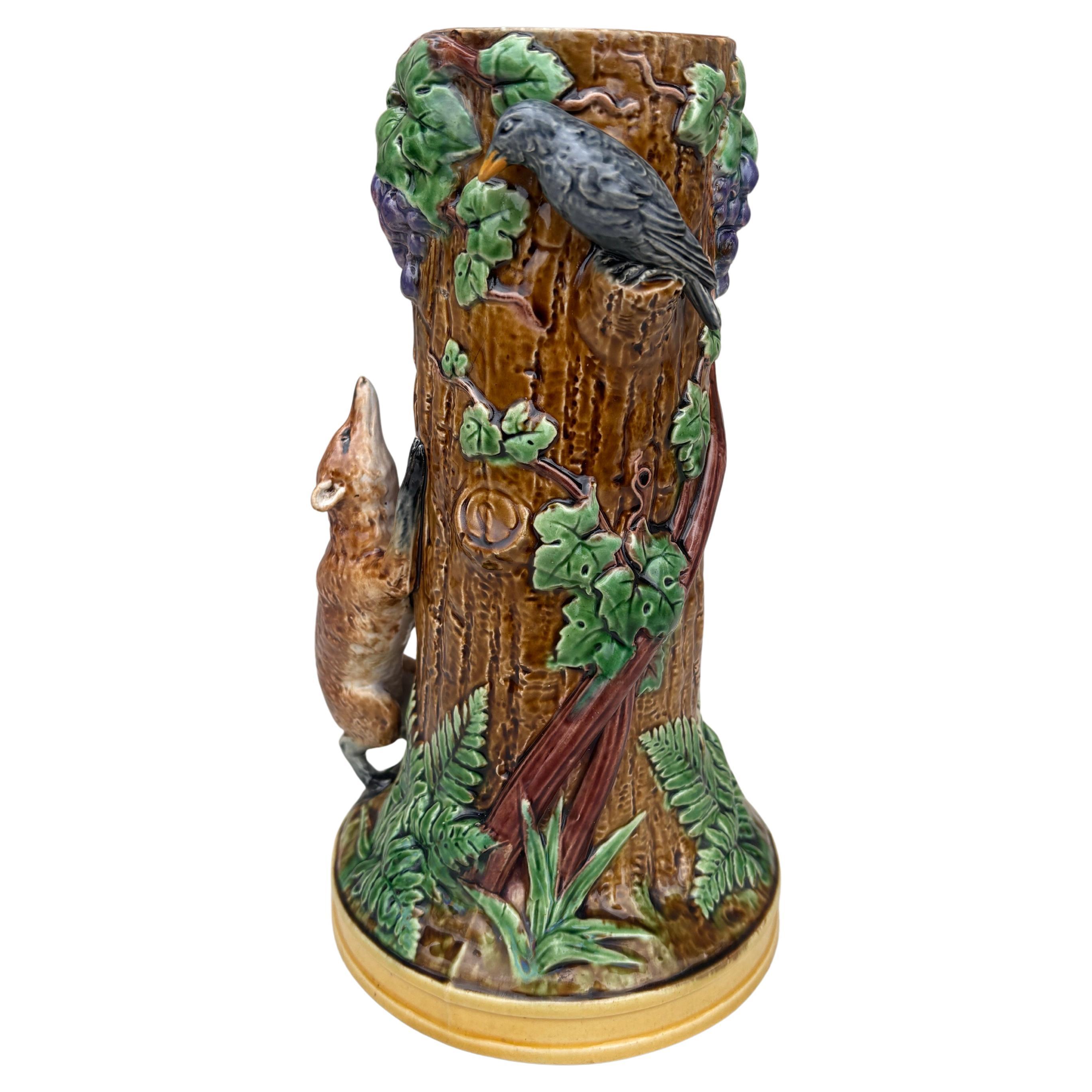 19th Century Rare Victorian Majolica Fox & Crow Trunk Vase Minton