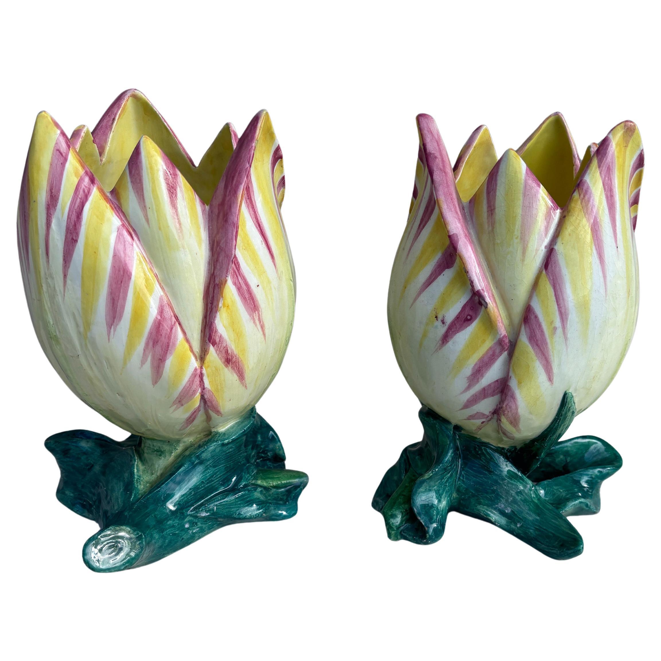 Gran pareja de jarrones tulipán de mayólica Jerome Massier, hacia 1900 en venta