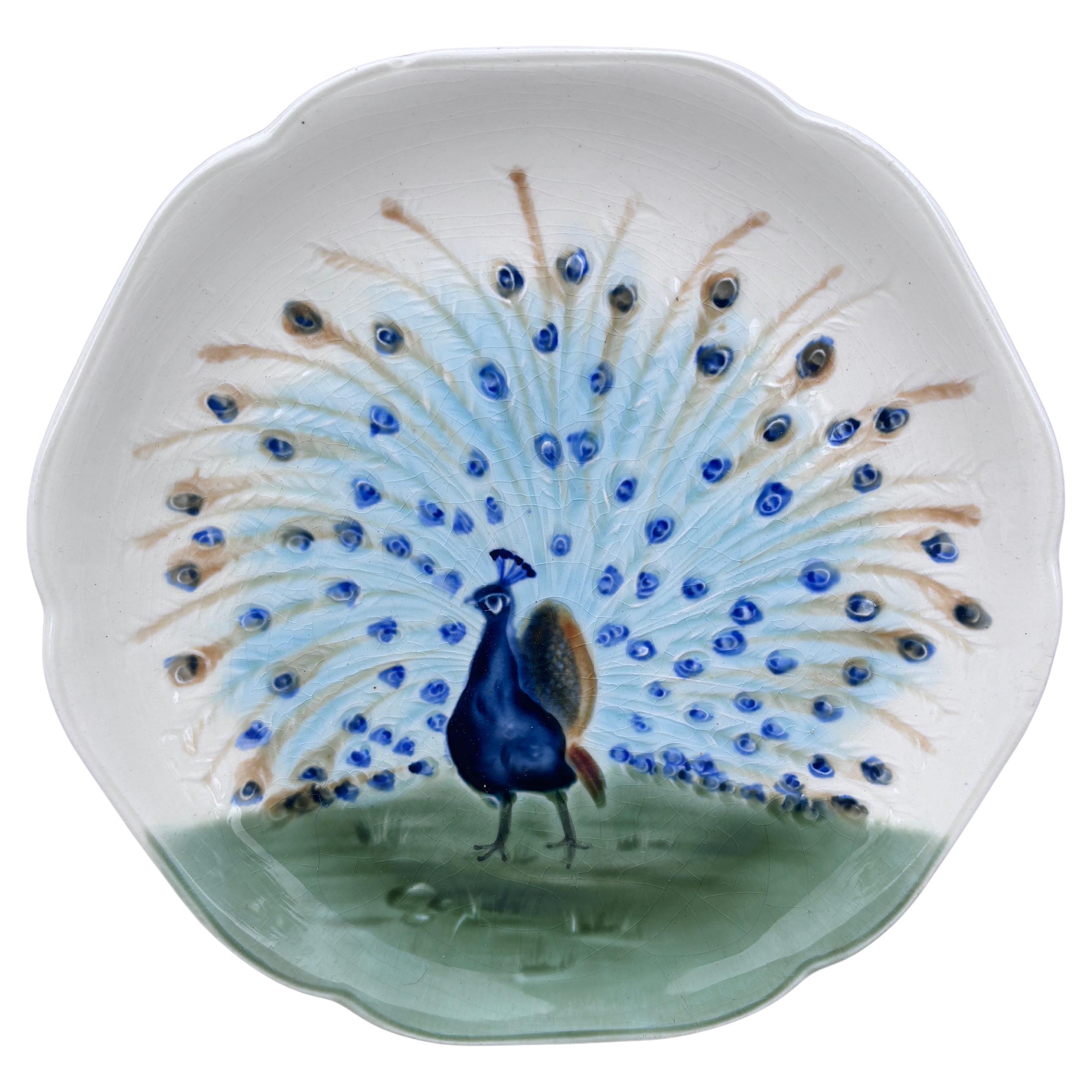 19th Century Majolica Peacock Plate Choisy Le Roi For Sale
