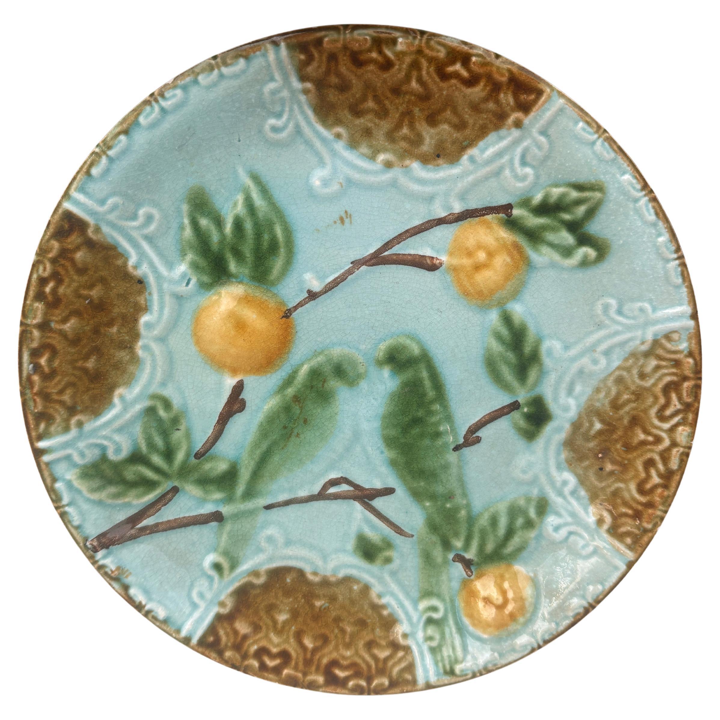 Majolica Parakeets Plate Salins, circa 1890 For Sale