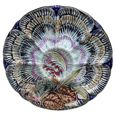 19th Century Majolica Oyster Plate, Blue Floral Design, Belgium